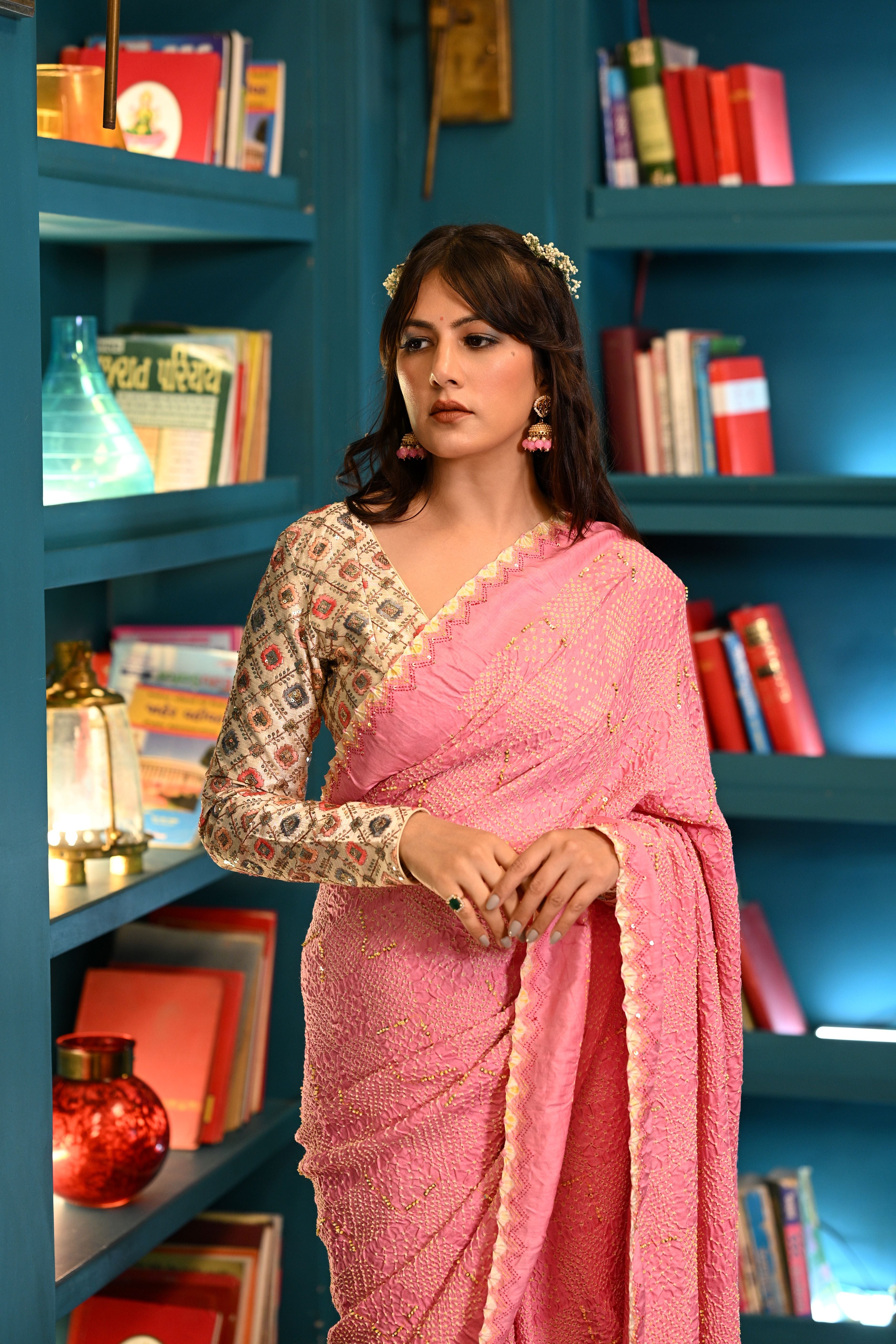 PINK GEOMETRIC BANDHANI SILK SAREE WITH EMBROIDERY