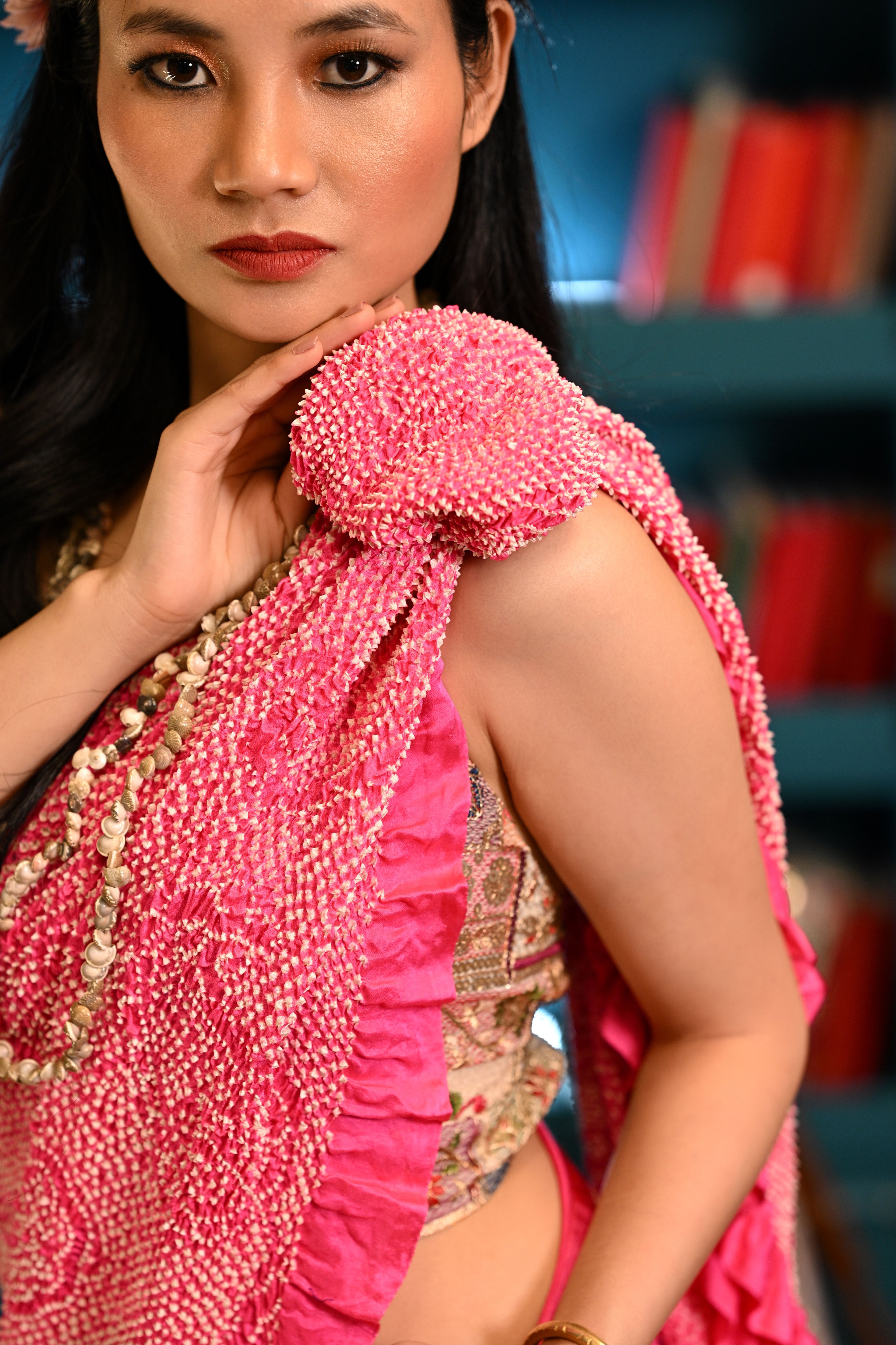 PINK YIN-YANG HALF FULL HALF EMPTY BANDHANI SILK SAREE