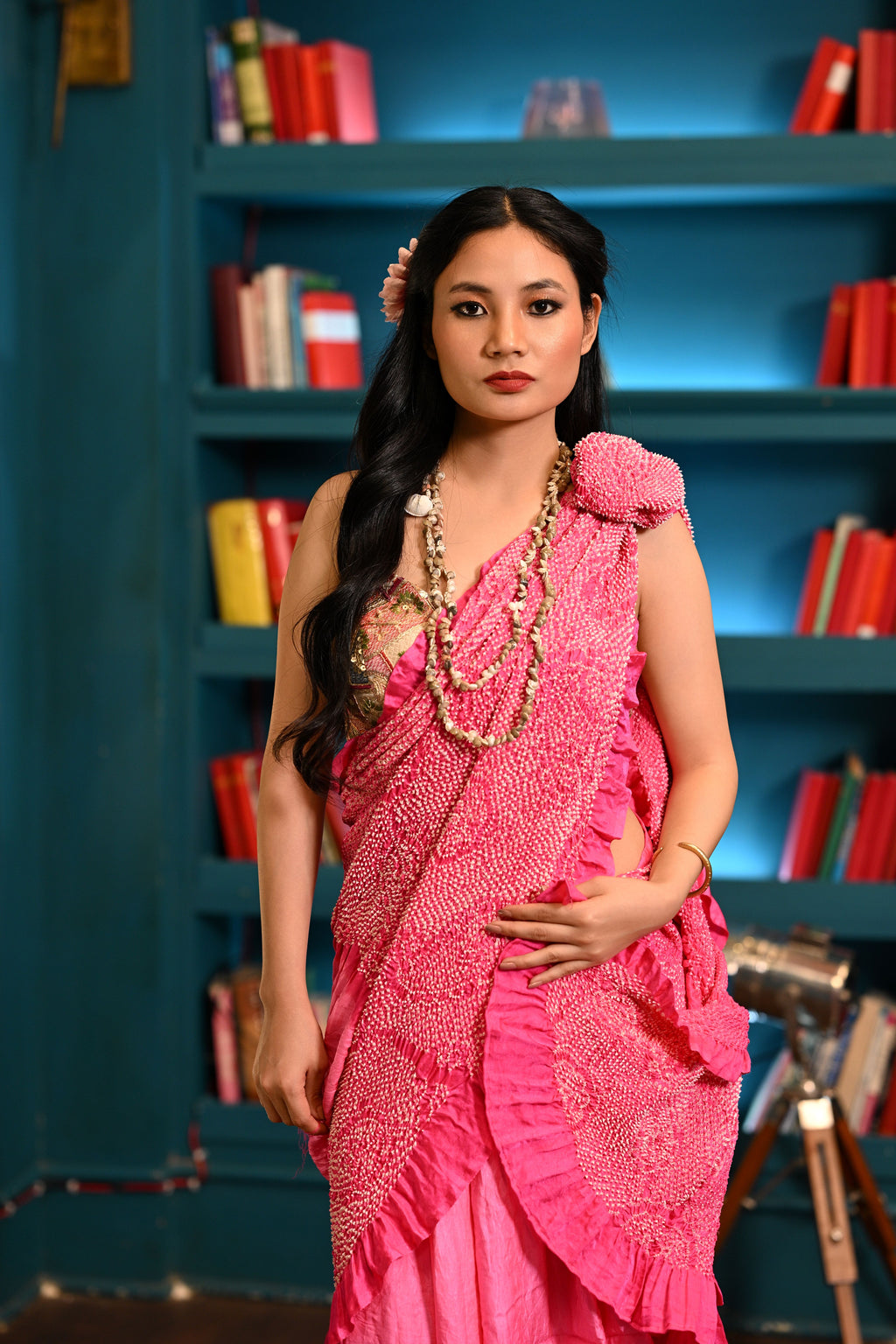 PINK YIN-YANG HALF FULL HALF EMPTY BANDHANI SILK SAREE