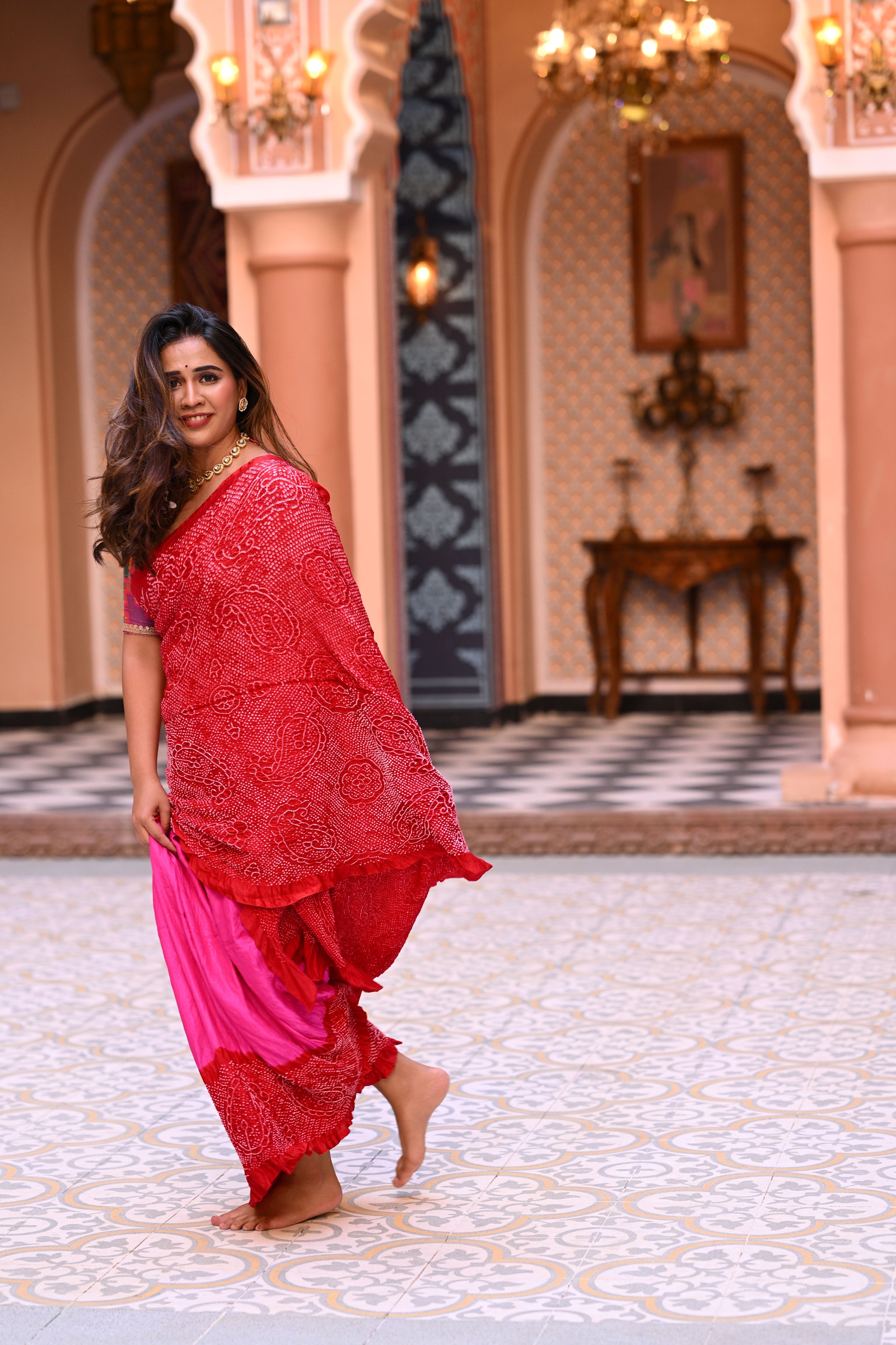 PINK-RED YIN-YANG HALF FULL HALF EMPTY PAISLEY BANDHANI SILK SAREE
