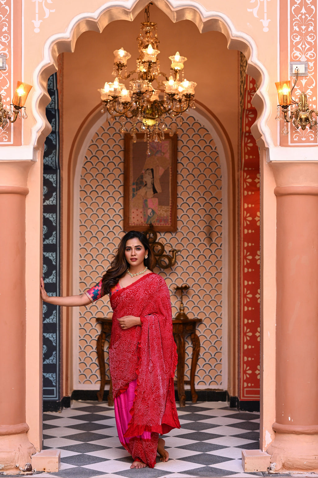 PINK-RED YIN-YANG HALF FULL HALF EMPTY PAISLEY BANDHANI SILK SAREE