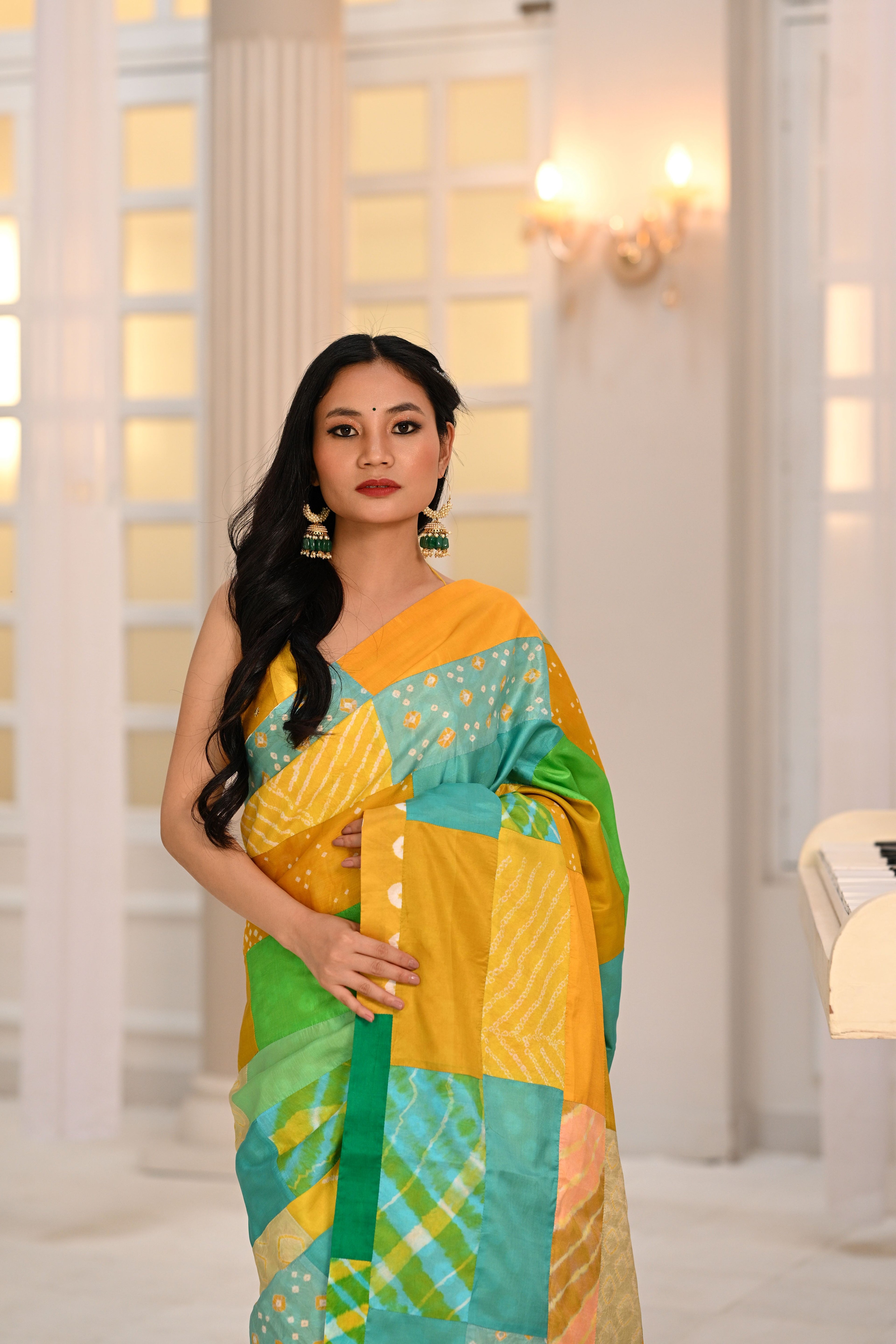 YELLOW-GREEN BAARADOZI PATCHWORK REVERSIBLE SILK SAREE