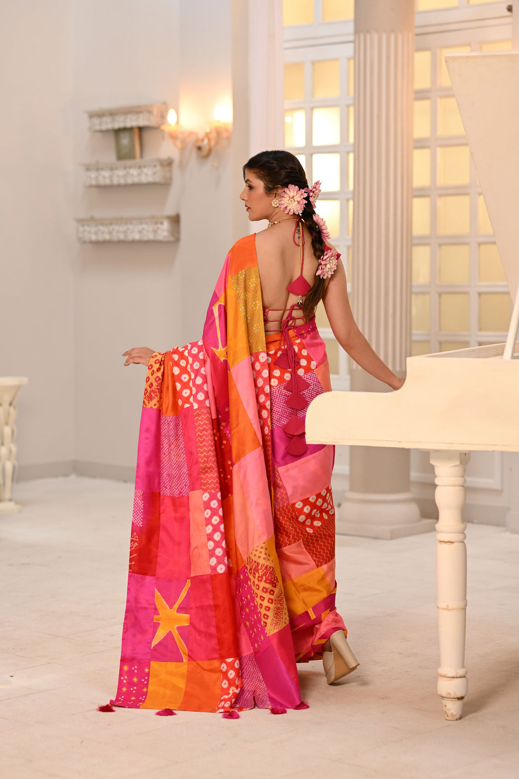 RED-PINK BAARADOZI PATCHWORK REVERSIBLE SILK SAREE