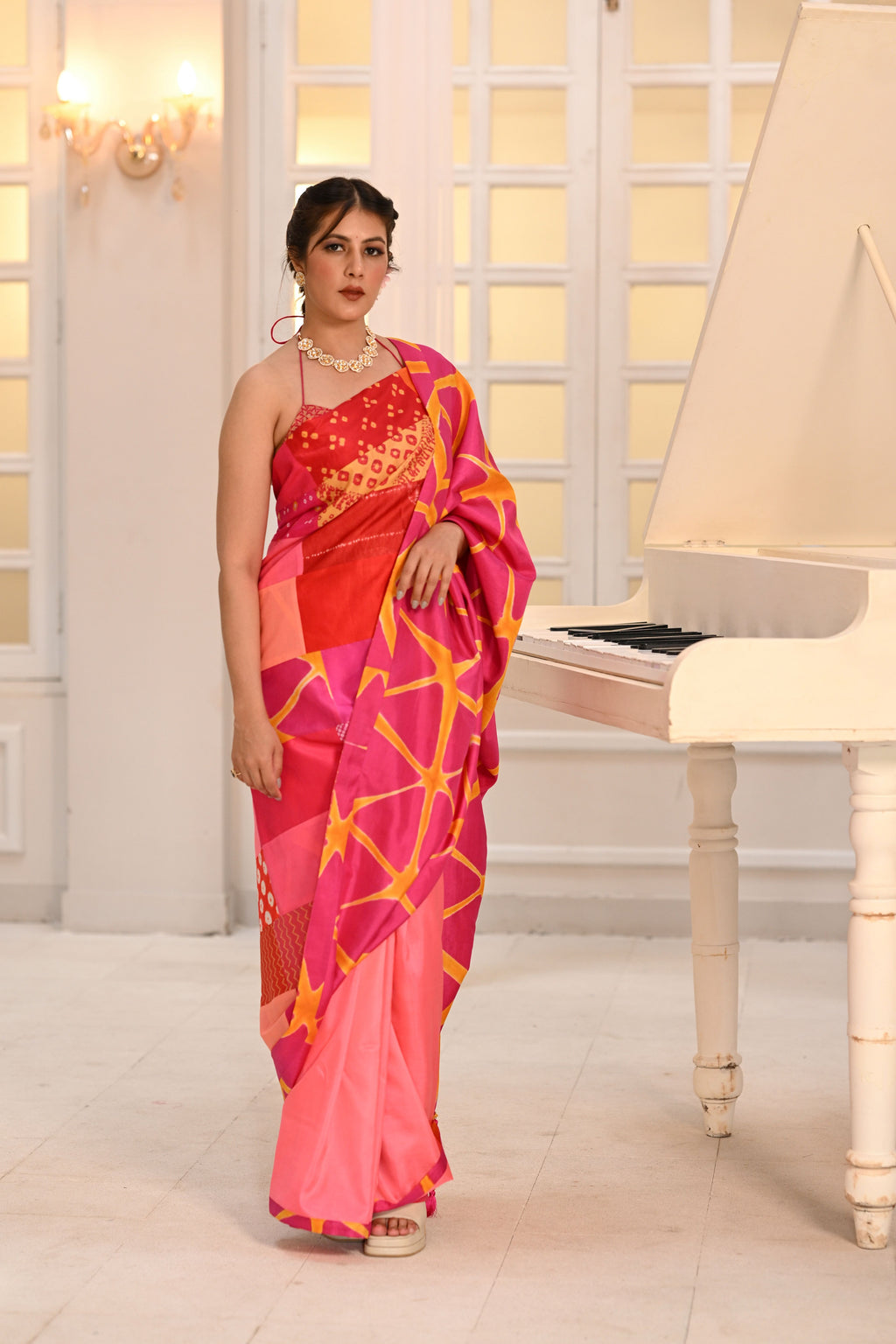 RED-PINK BAARADOZI PATCHWORK REVERSIBLE SILK SAREE
