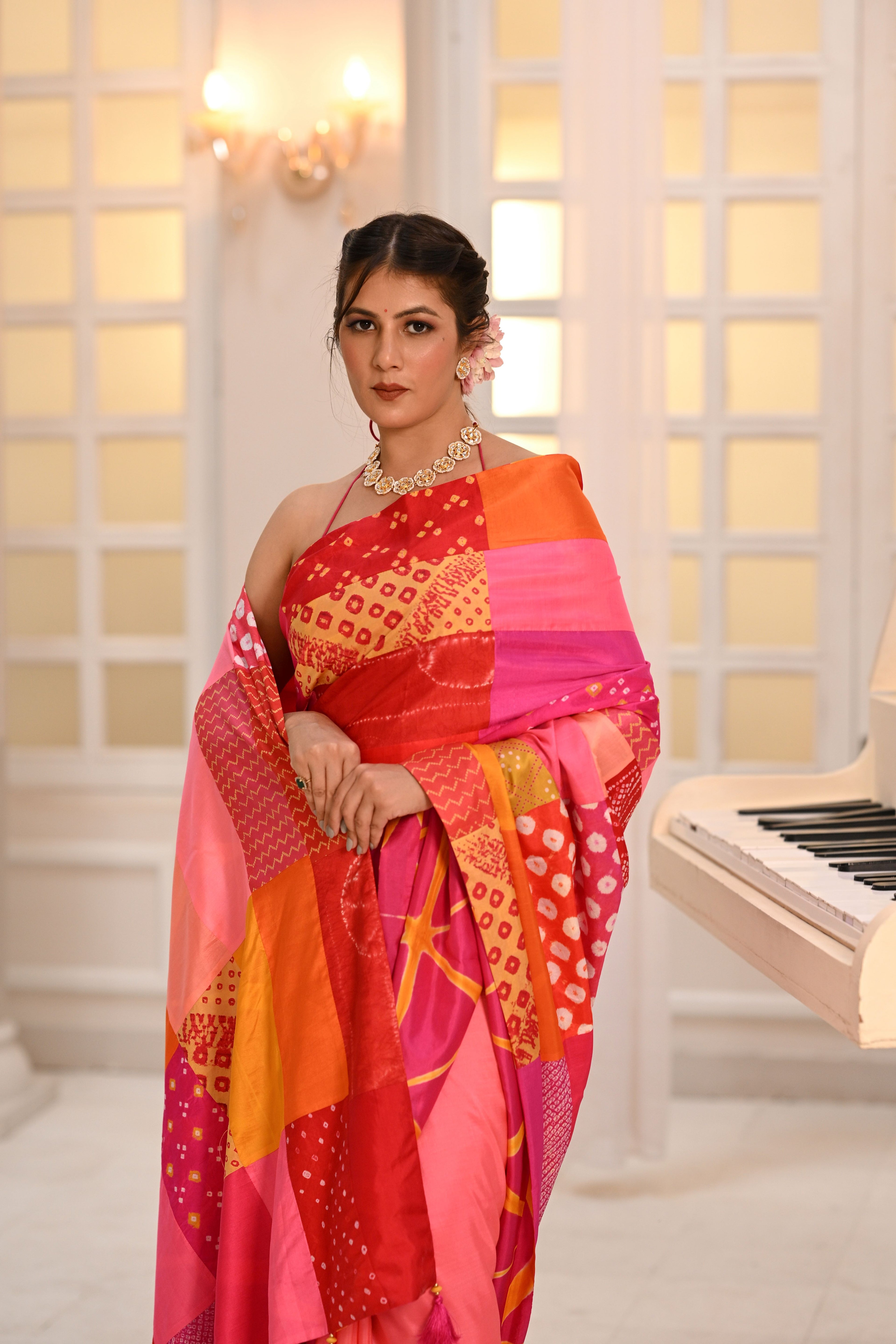 RED-PINK BAARADOZI PATCHWORK REVERSIBLE SILK SAREE