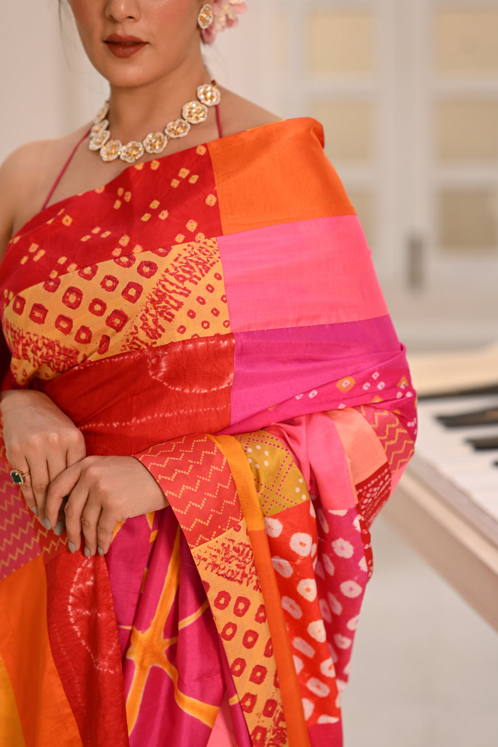 PINK - RED REVERSIBLE PATCHWORK SAREE WITH TASSELS