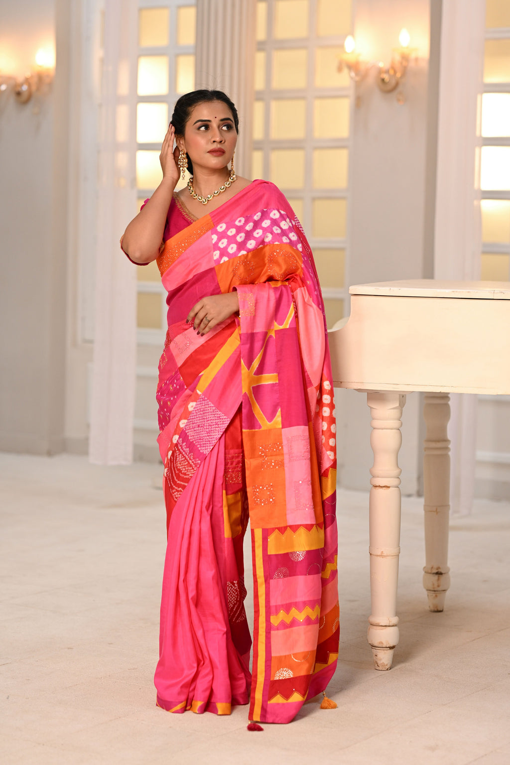 RED-PINK BAARADOZI PATCHWORK REVERSIBLE SILK SAREE WITH EMBROIDERY