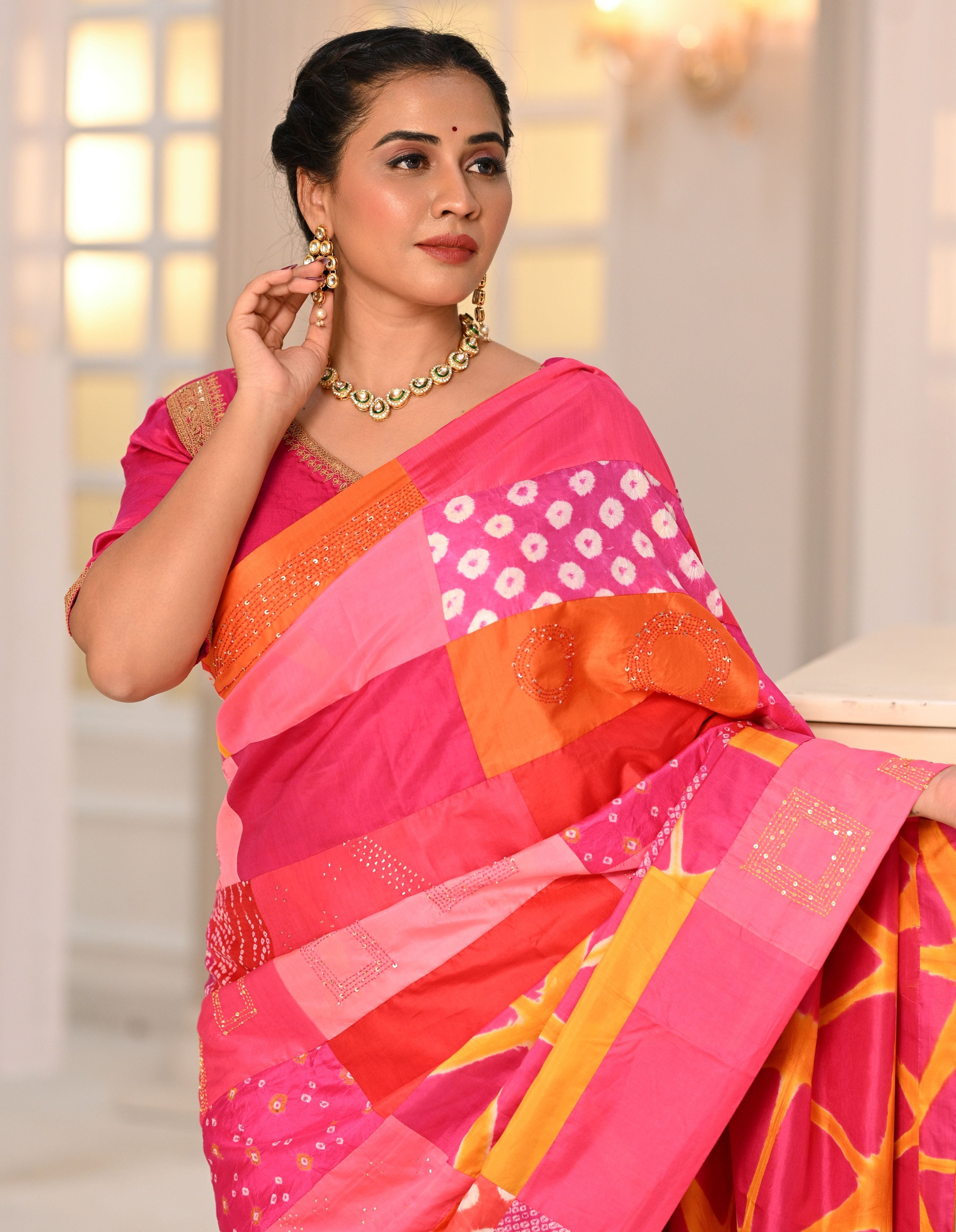 RED-PINK BAARADOZI PATCHWORK REVERSIBLE SILK SAREE WITH EMBROIDERY