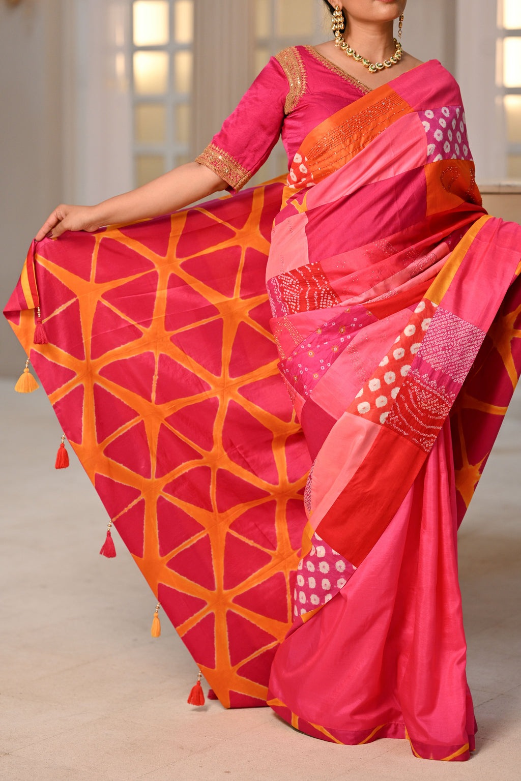 RED-PINK BAARADOZI PATCHWORK REVERSIBLE SILK SAREE WITH EMBROIDERY
