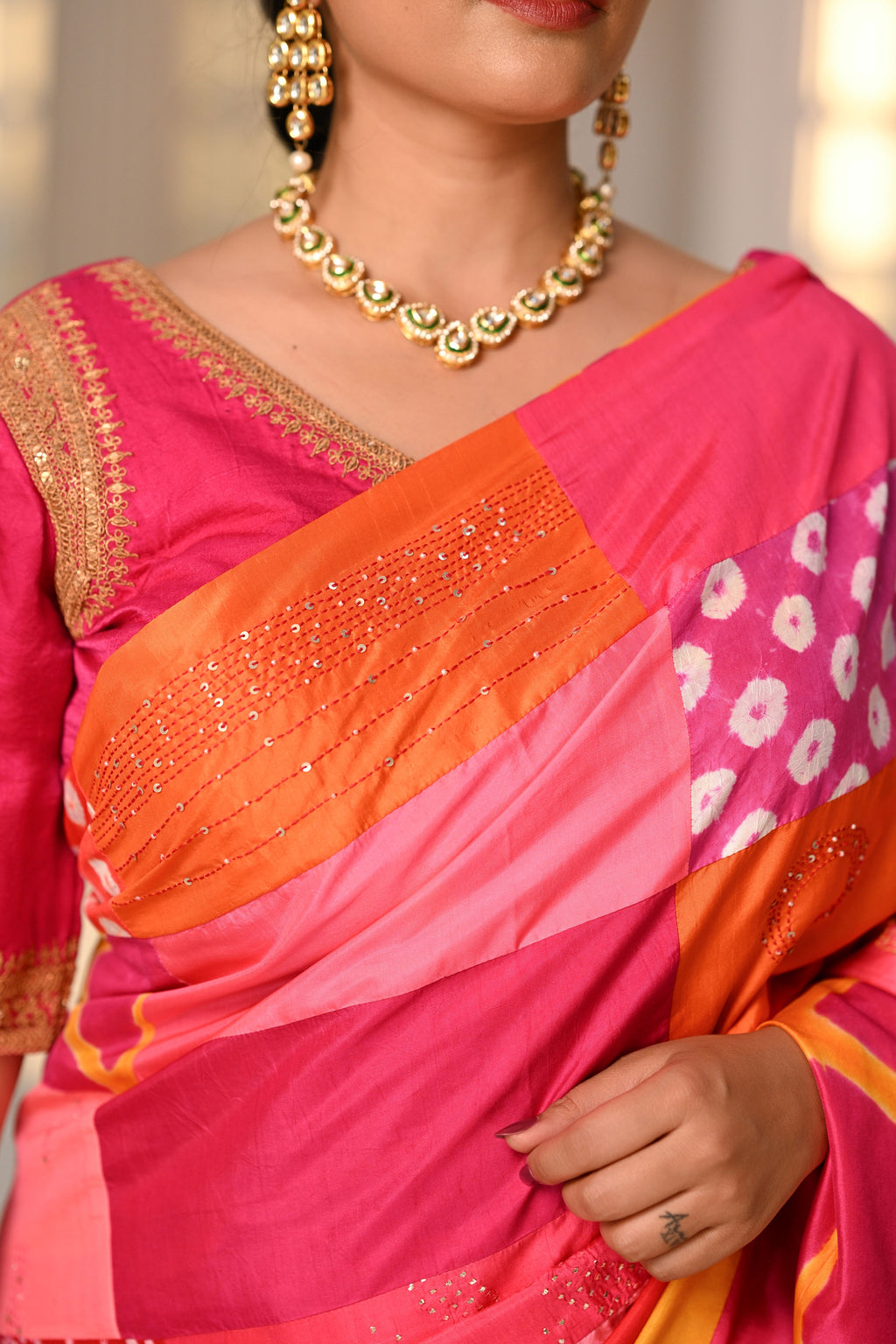RED-PINK BAARADOZI PATCHWORK REVERSIBLE SILK SAREE WITH EMBROIDERY