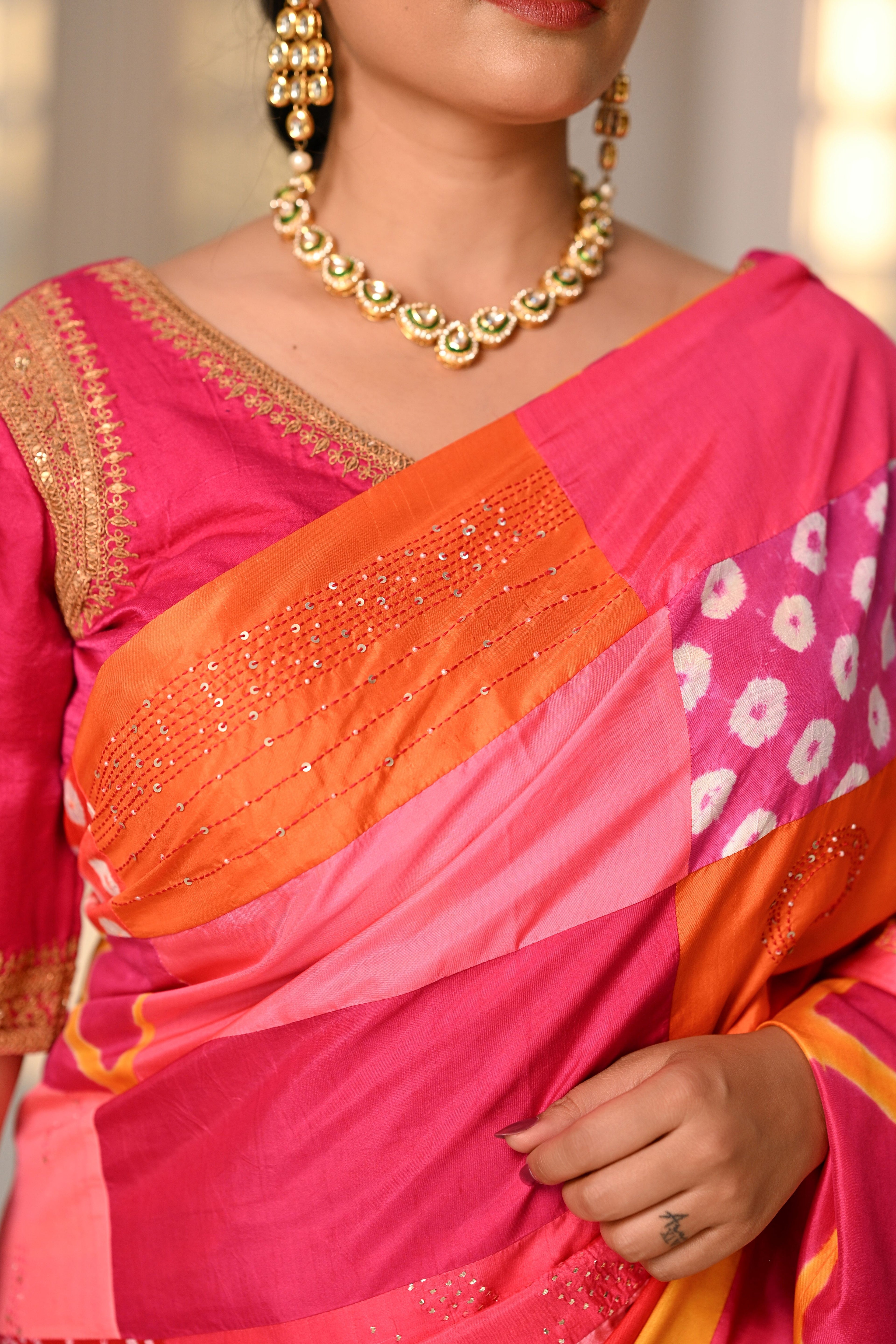 RED-PINK BAARADOZI PATCHWORK REVERSIBLE SILK SAREE WITH EMBROIDERY