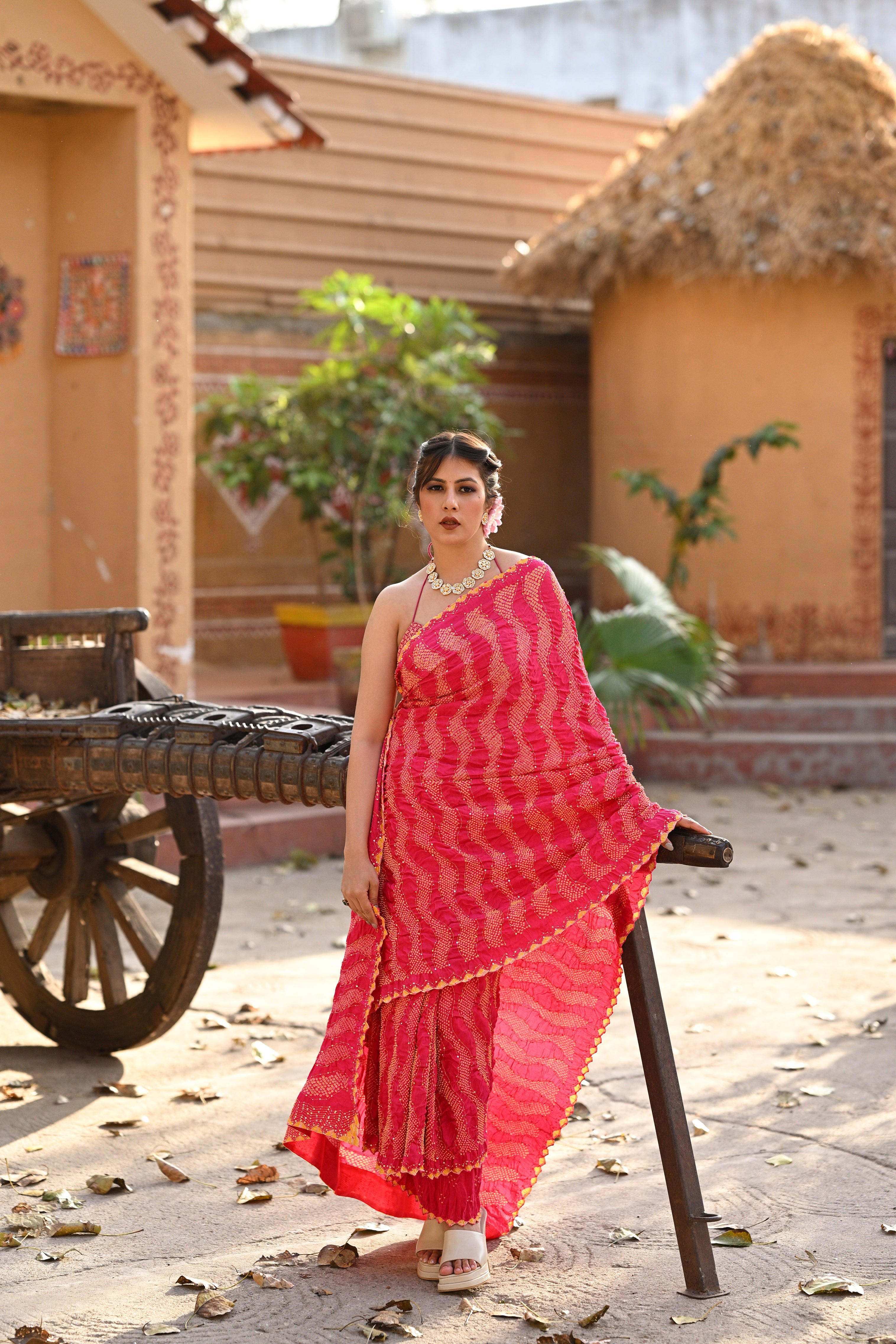 PINK WAVES OF THE SEA BANDHANI SILK SAREE WITH EMBROIDERY