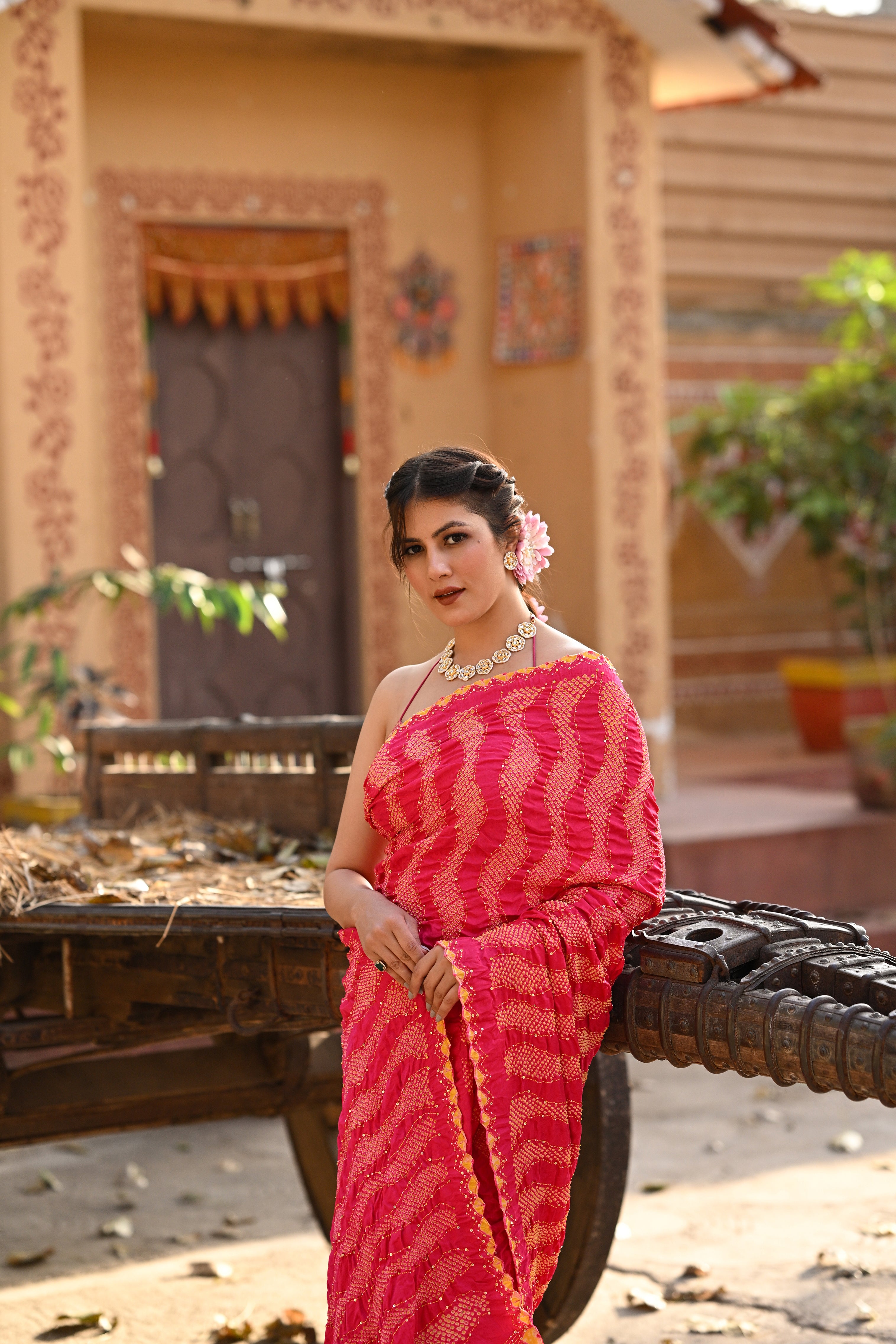PINK WAVES OF THE SEA BANDHANI SILK SAREE WITH EMBROIDERY
