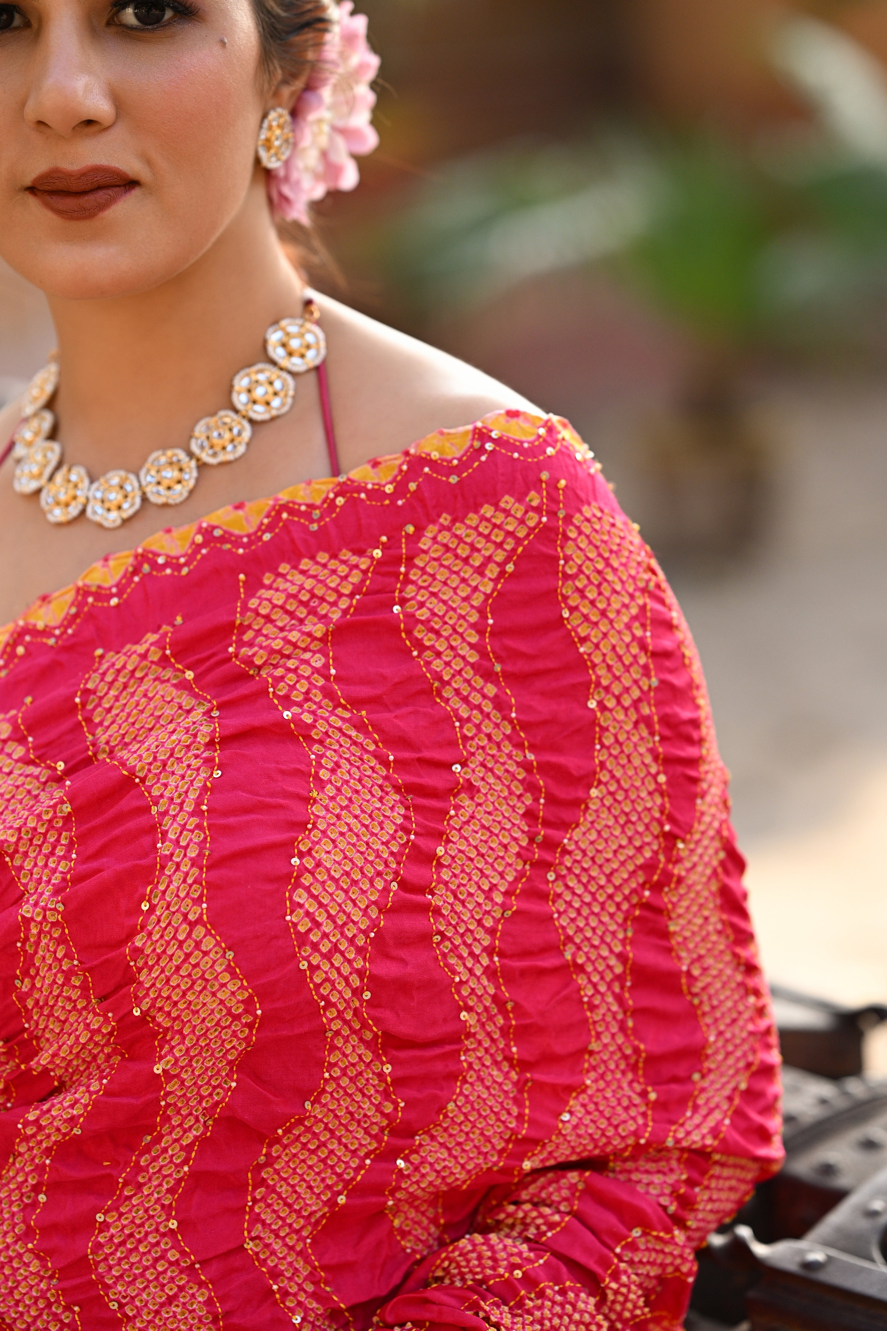 PINK WAVES OF THE SEA BANDHANI SILK SAREE WITH EMBROIDERY