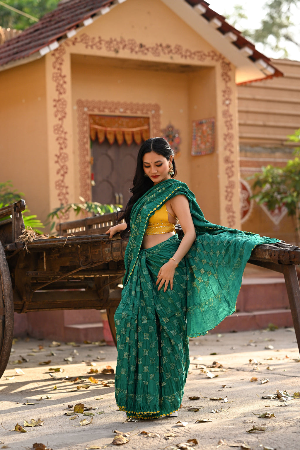 GREEN GEOMETRIC SQUARE BANDHANI SILK SAREE