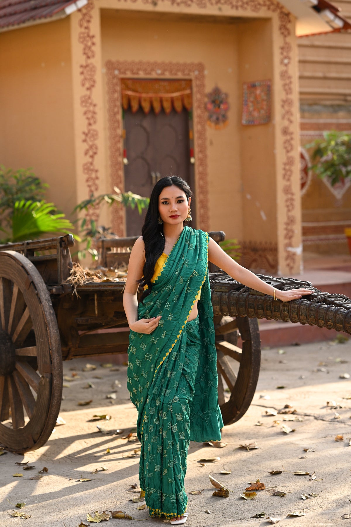 GREEN GEOMETRIC SQUARE BANDHANI SILK SAREE