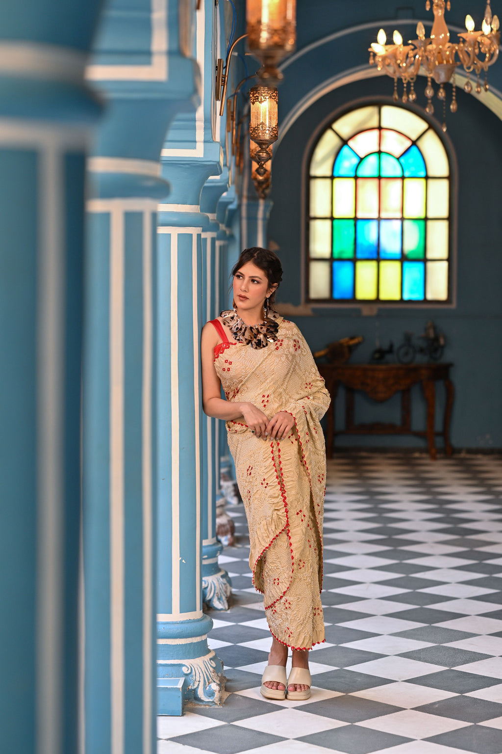 BEIGE JAPANESE BANDHANI SILK SAREE