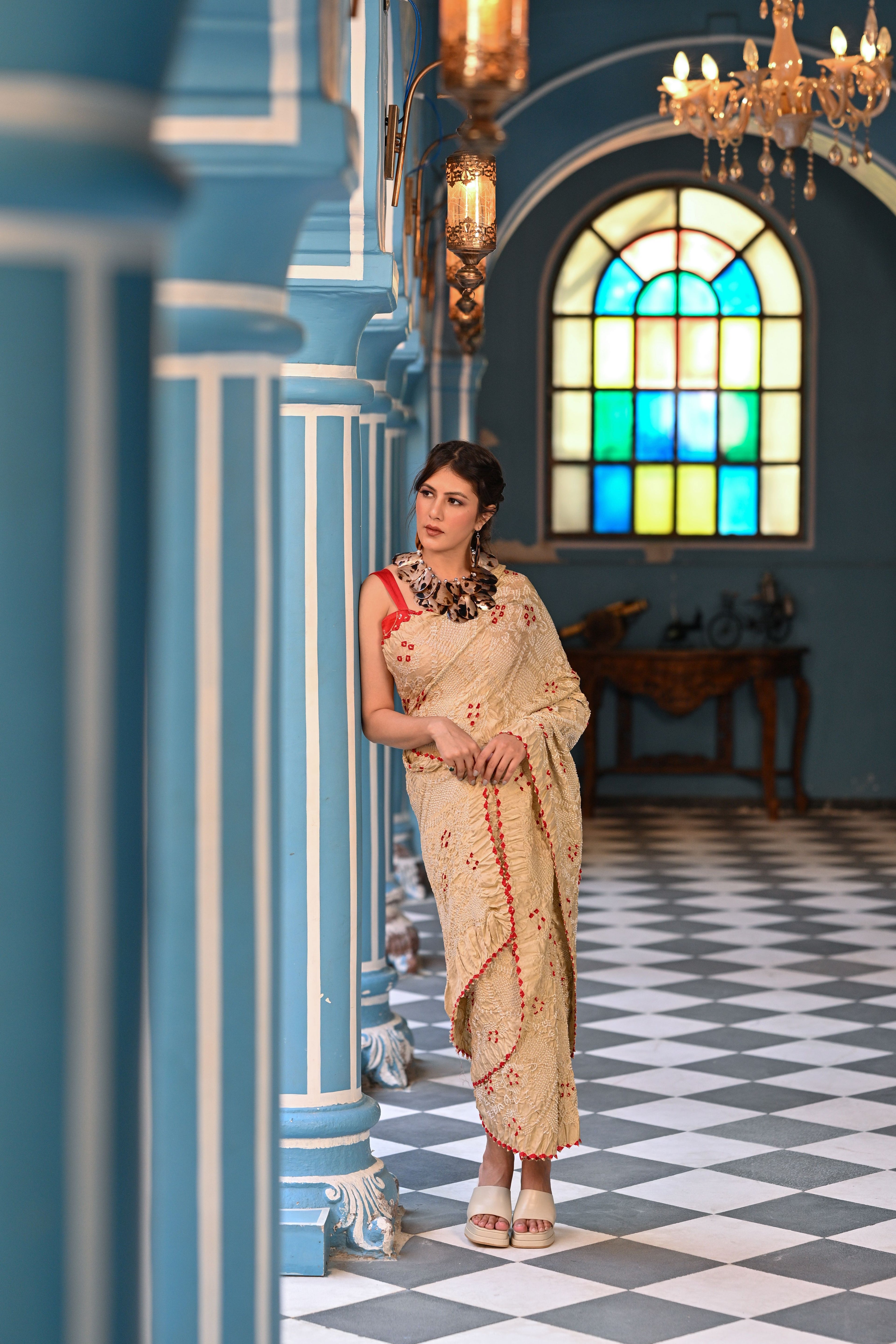 BEIGE JAPANESE BANDHANI SILK SAREE