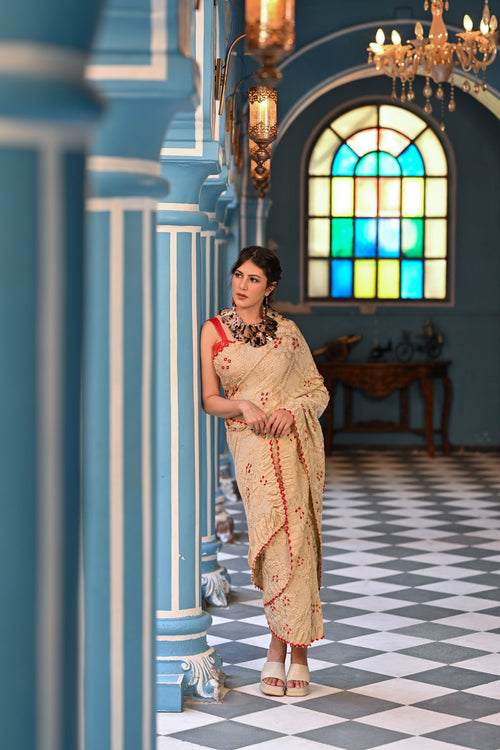 BEIGE JAPANESE BANDHANI SILK SAREE