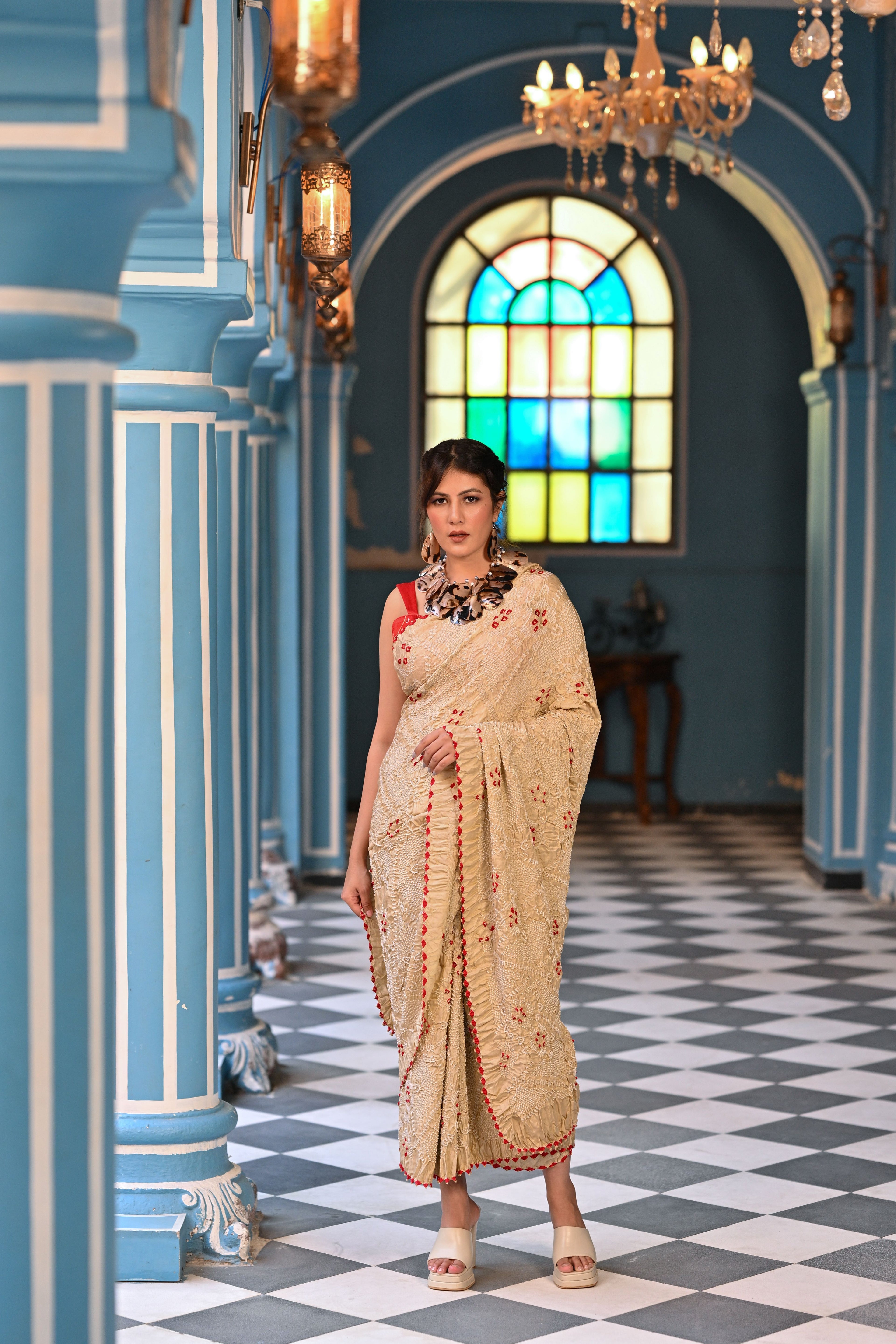 BEIGE JAPANESE BANDHANI SILK SAREE