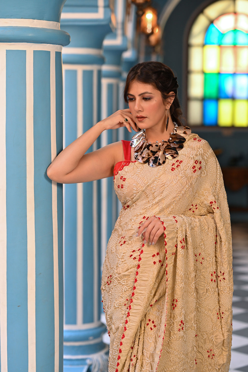 BEIGE JAPANESE BANDHANI SILK SAREE