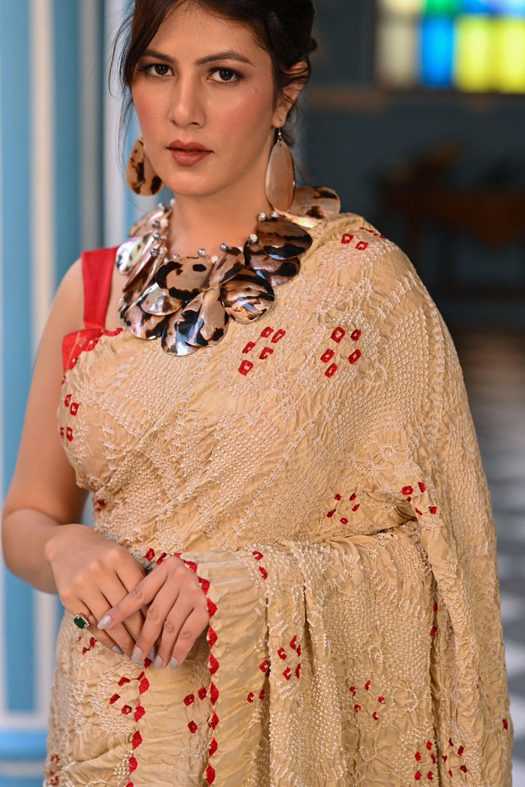BEIGE JAPANESE BANDHANI SILK SAREE