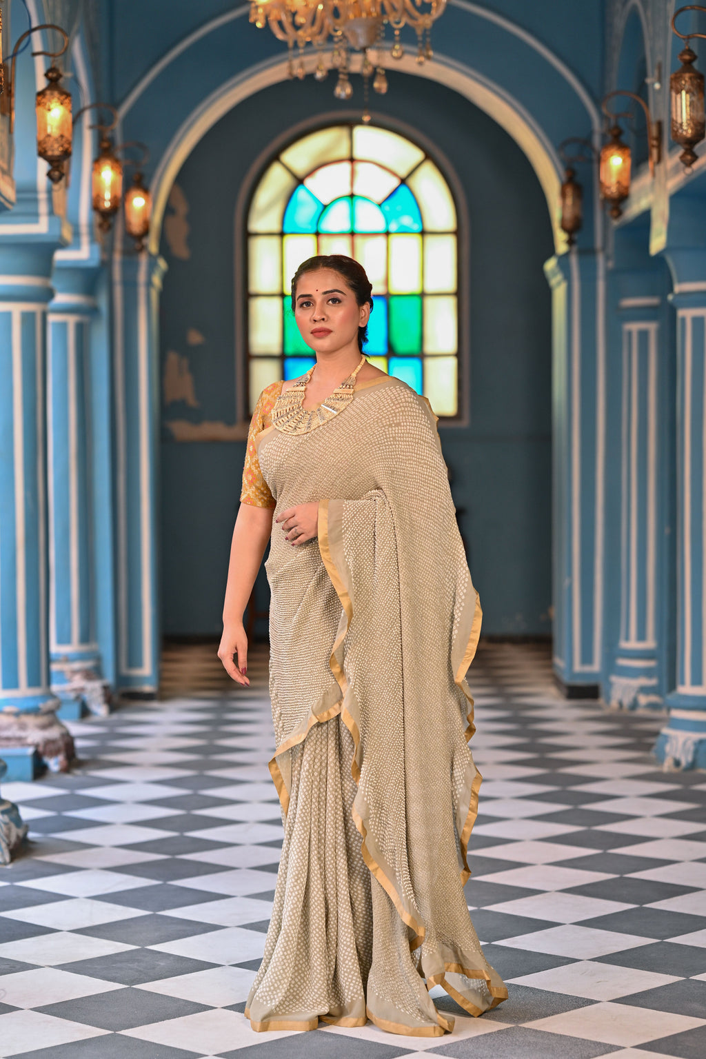 BEIGE ETERNAL DOT BANDHANI GEORGETTE SAREE WITH SILK BORDER