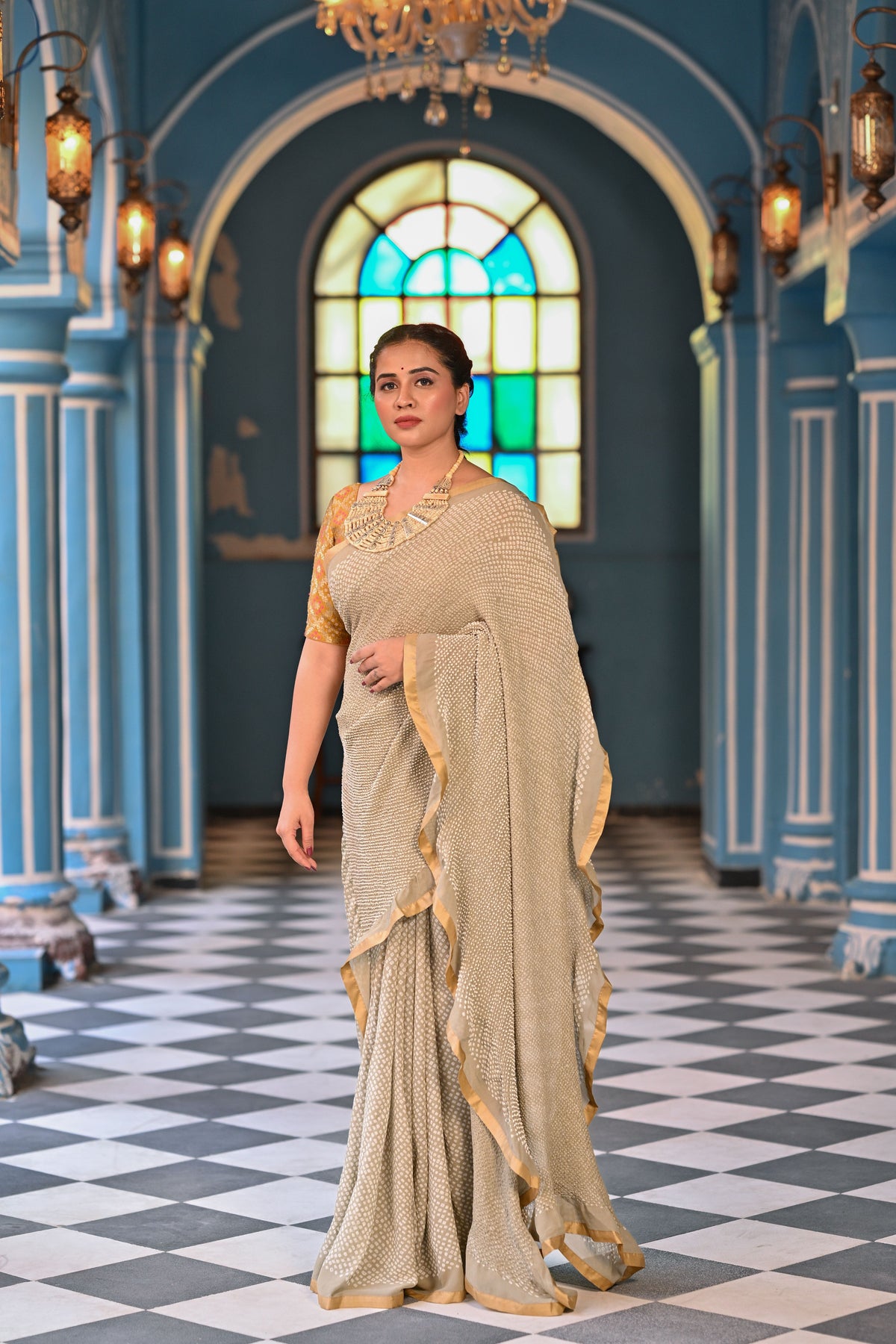 BEIGE ETERNAL DOT BANDHANI GEORGETTE SAREE WITH SILK BORDER