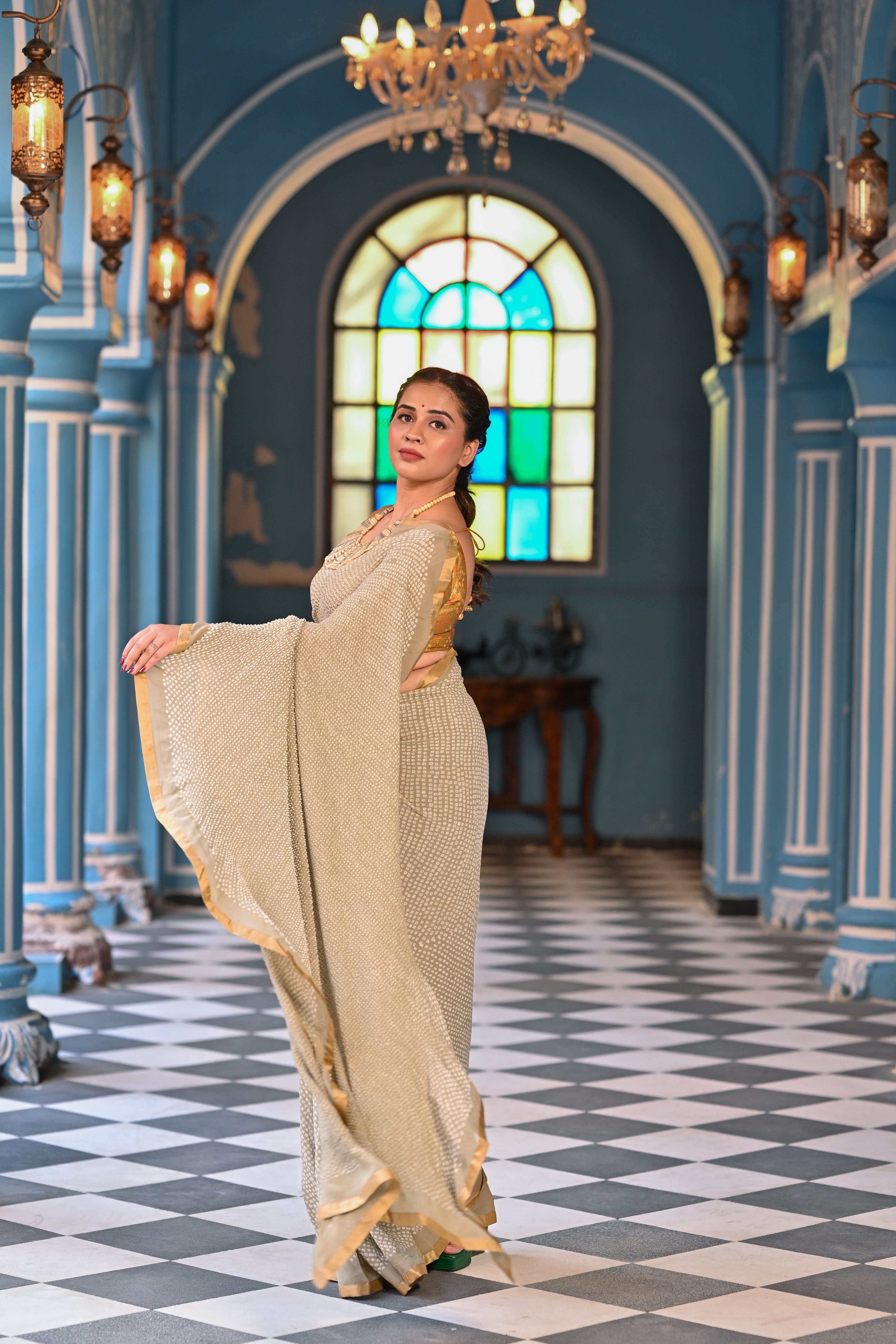BEIGE ETERNAL DOT BANDHANI GEORGETTE SAREE WITH SILK BORDER