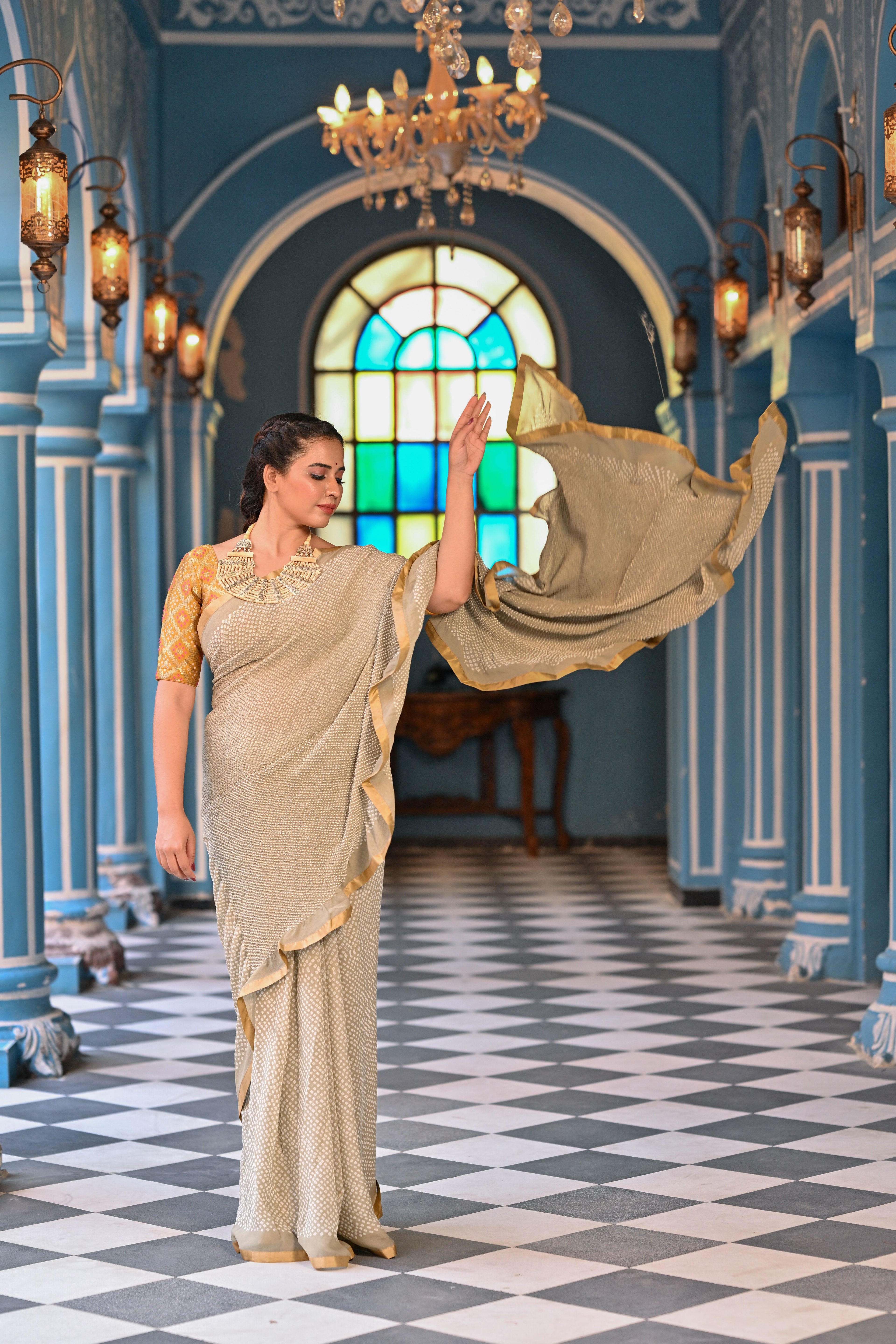 BEIGE ETERNAL DOT BANDHANI GEORGETTE SAREE WITH SILK BORDER