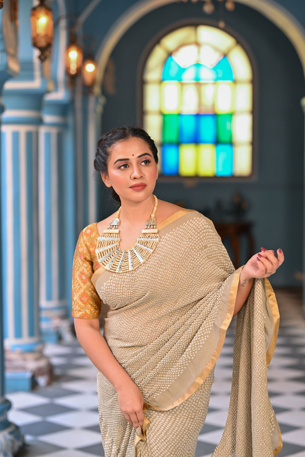 BEIGE ETERNAL DOT BANDHANI GEORGETTE SAREE WITH SILK BORDER