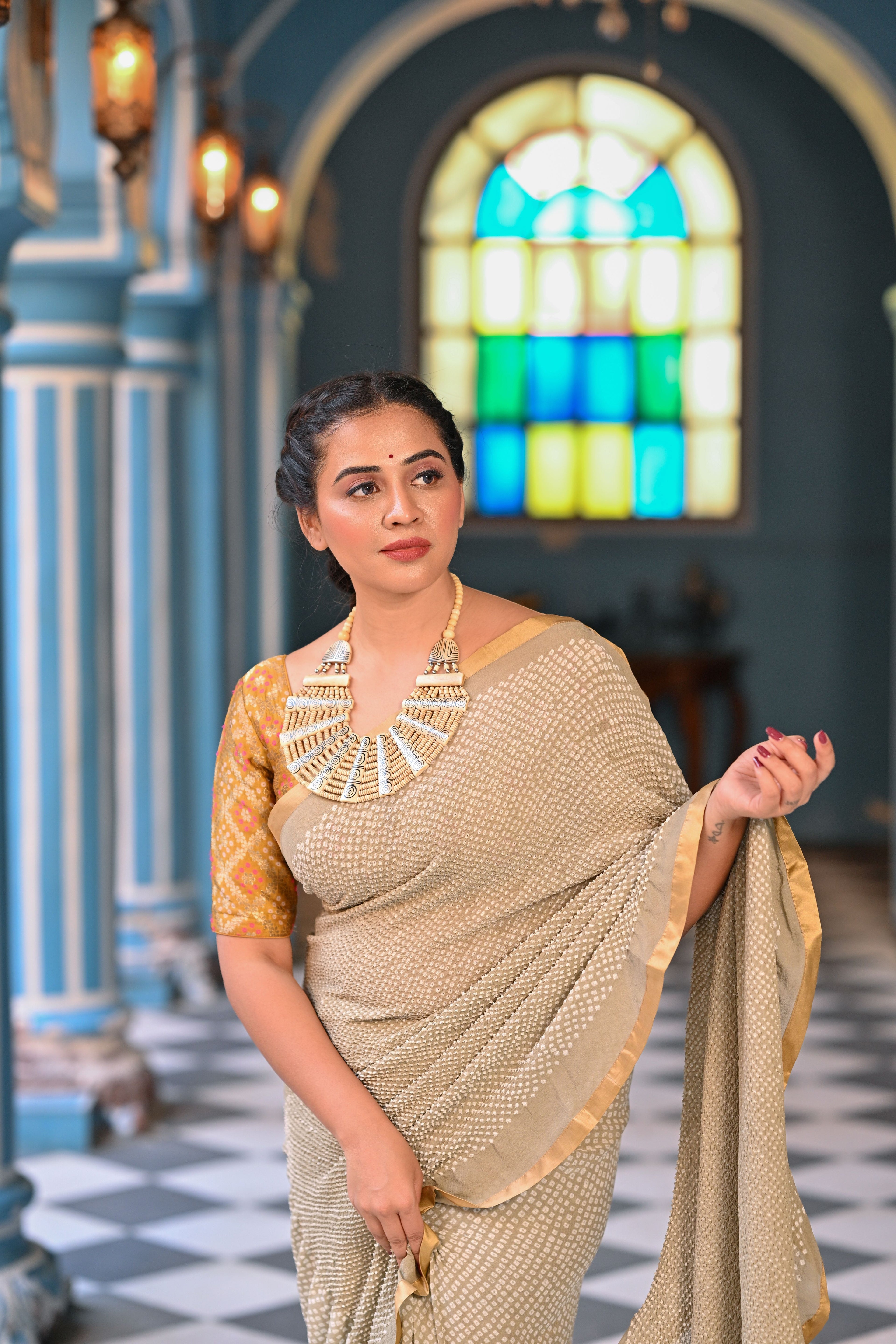 BEIGE ETERNAL DOT BANDHANI GEORGETTE SAREE WITH SILK BORDER
