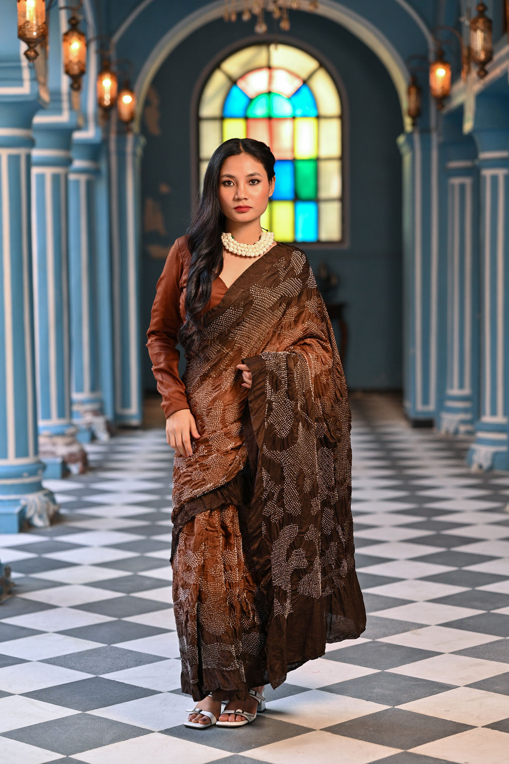 BROWN ABSTRACT BANDHANI SILK SAREE