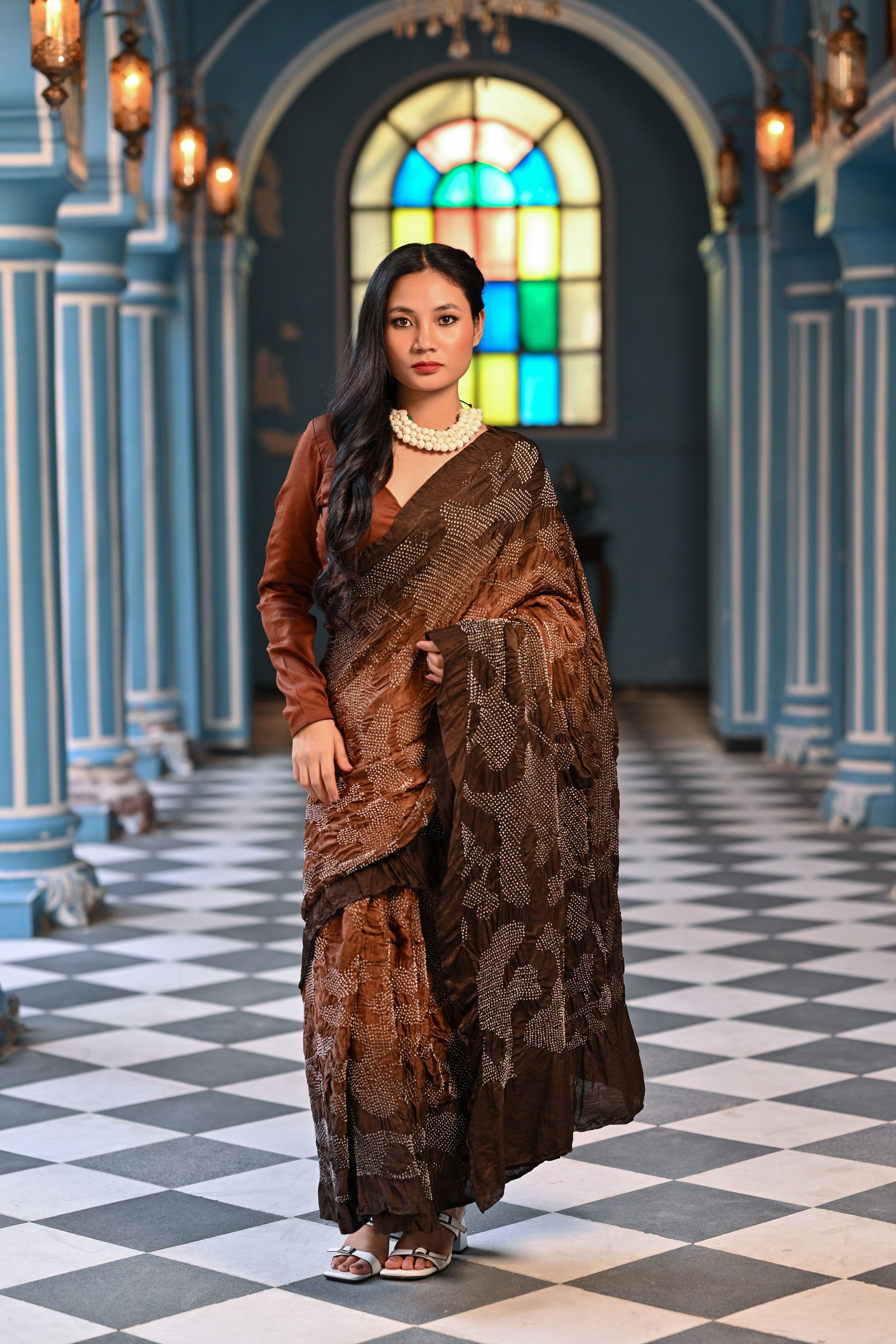 BROWN ABSTRACT BANDHANI SILK SAREE
