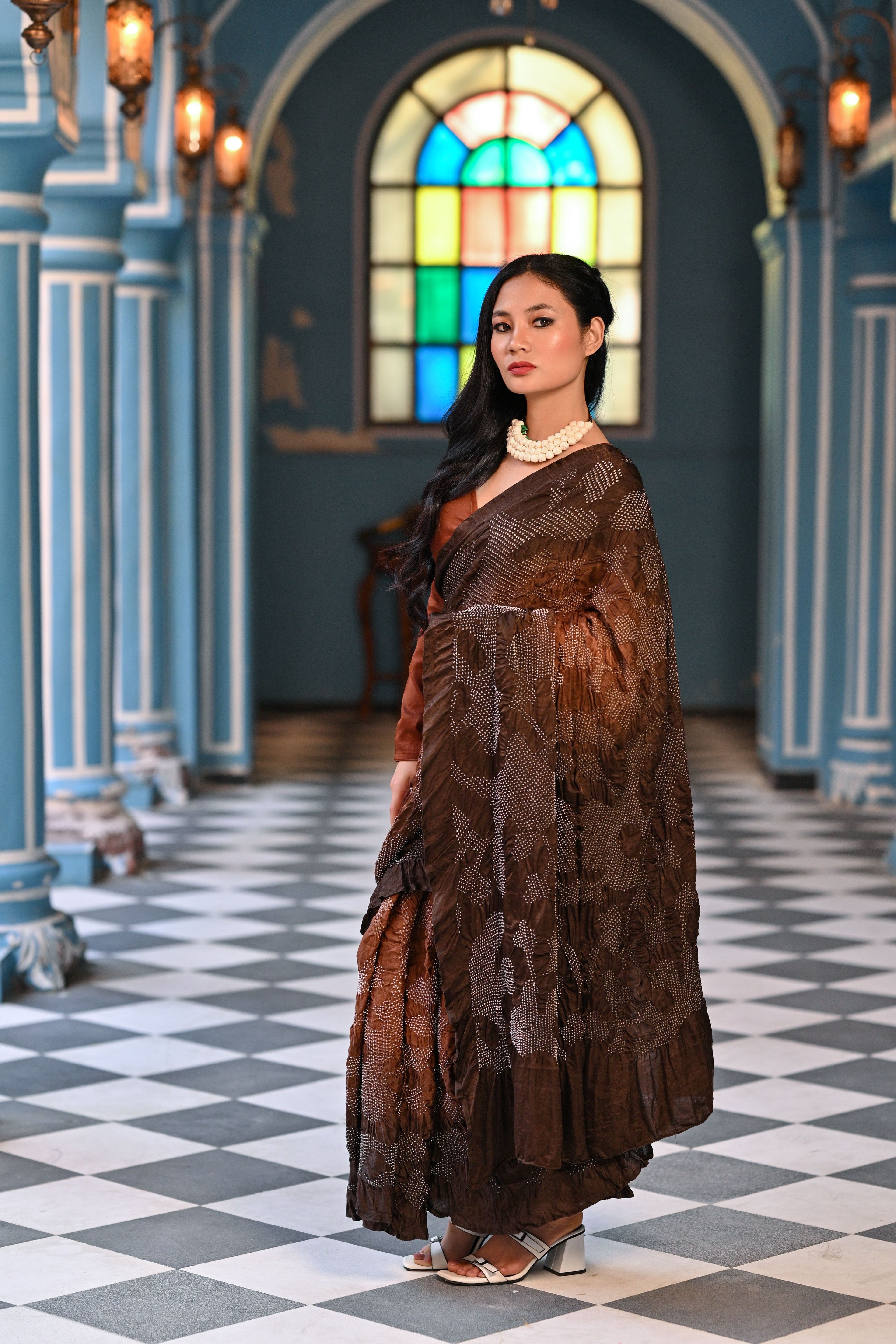 BROWN ABSTRACT BANDHANI SILK SAREE