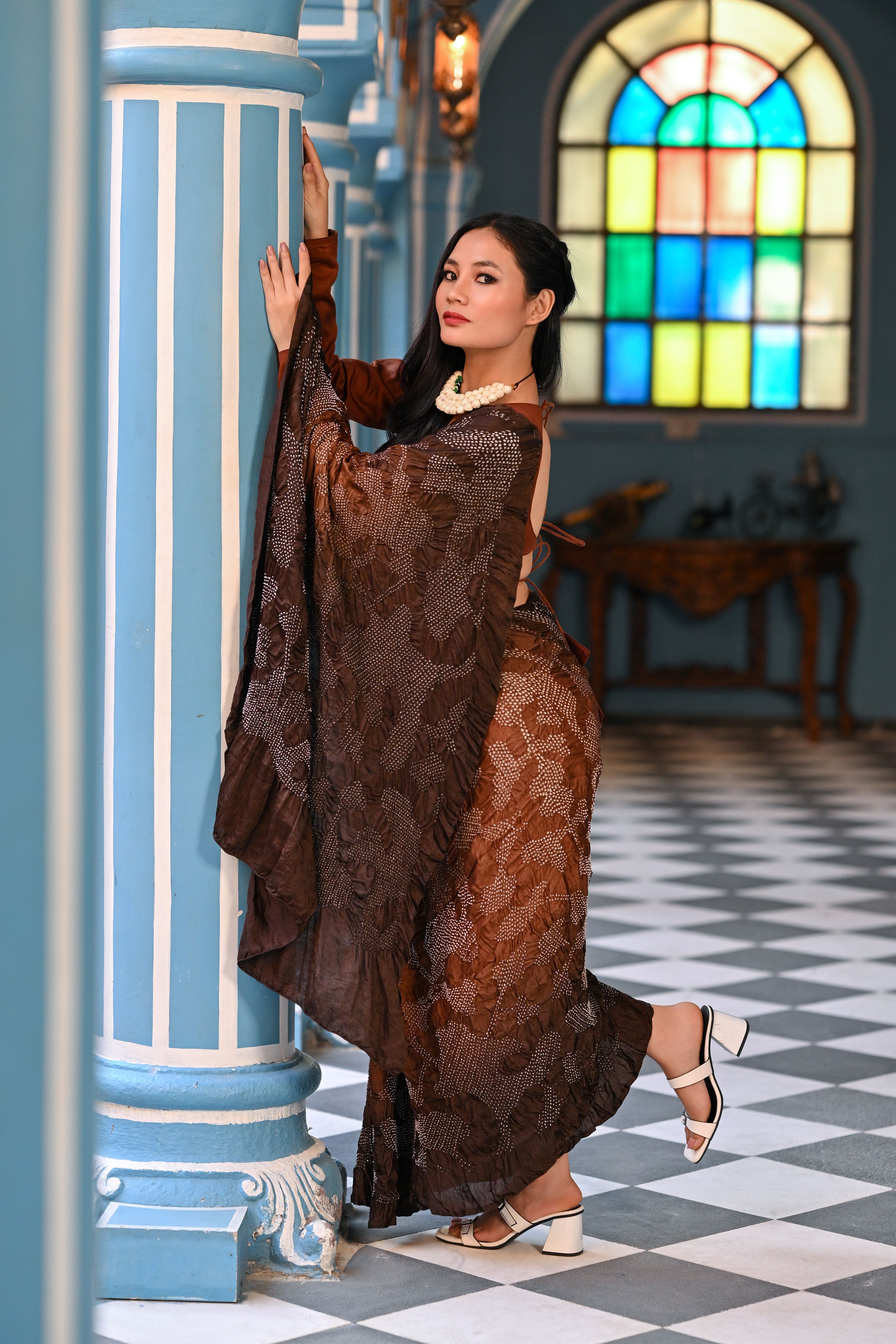 BROWN ABSTRACT BANDHANI SILK SAREE