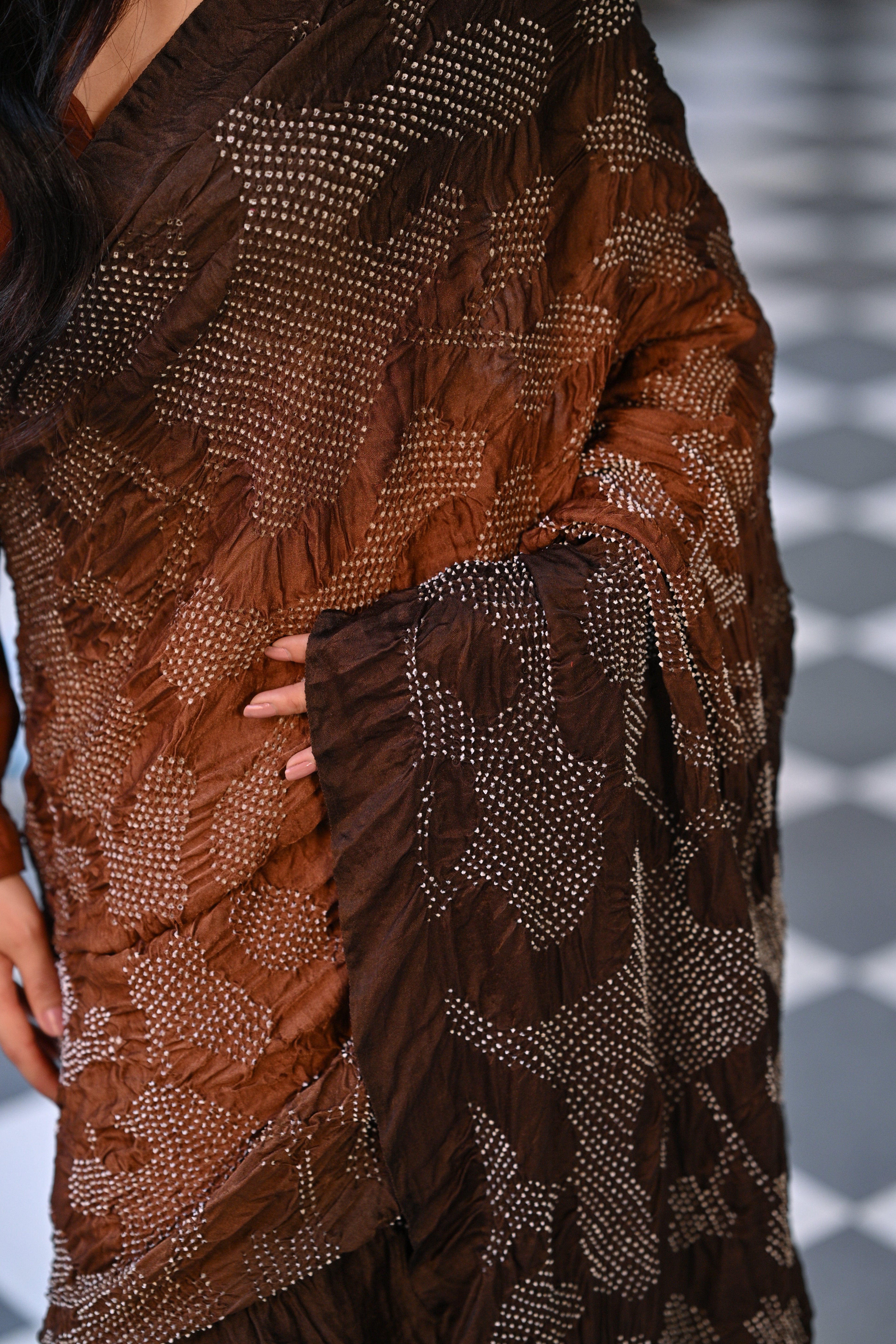 BROWN ABSTRACT BANDHANI SILK SAREE