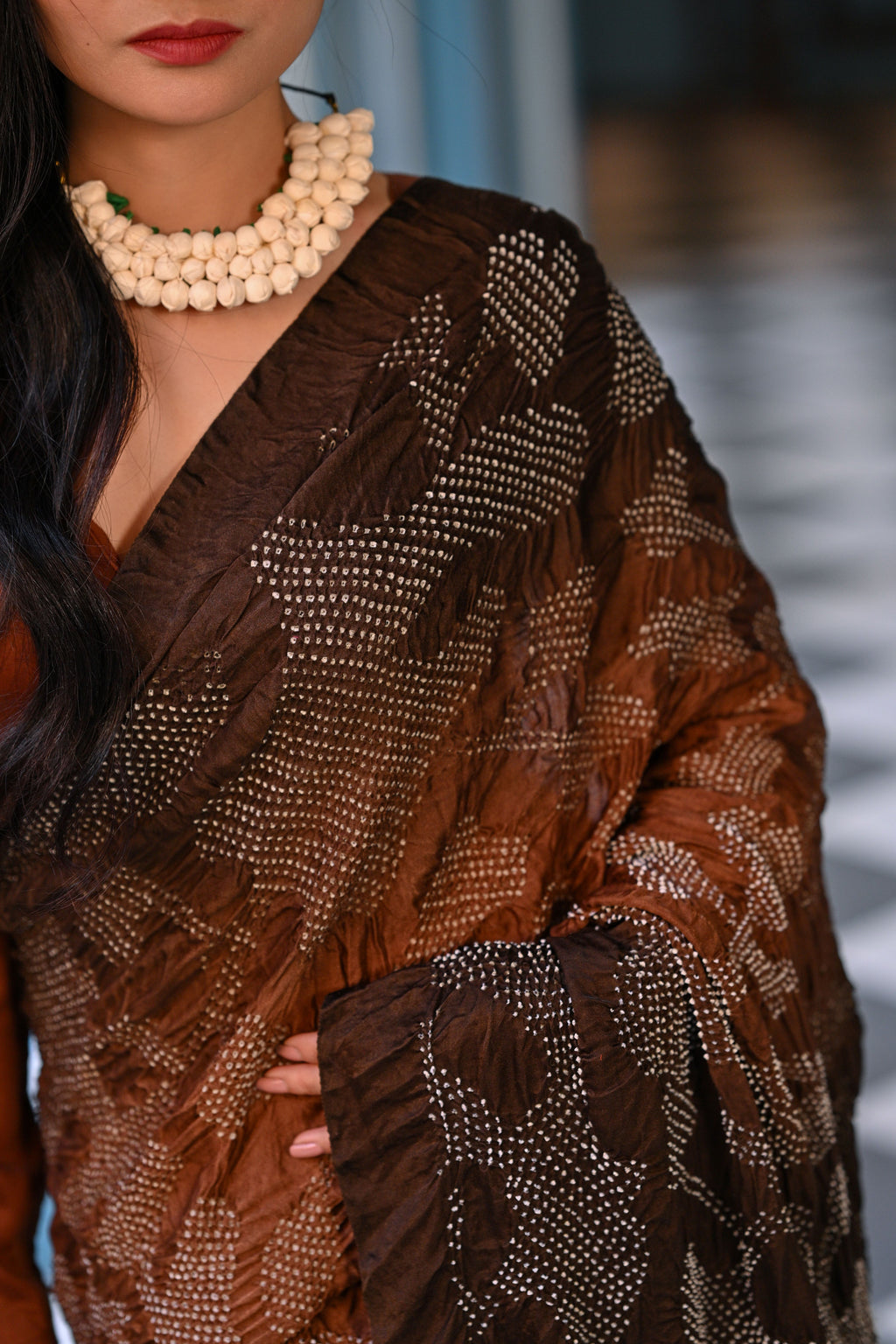 BROWN ABSTRACT BANDHANI SILK SAREE