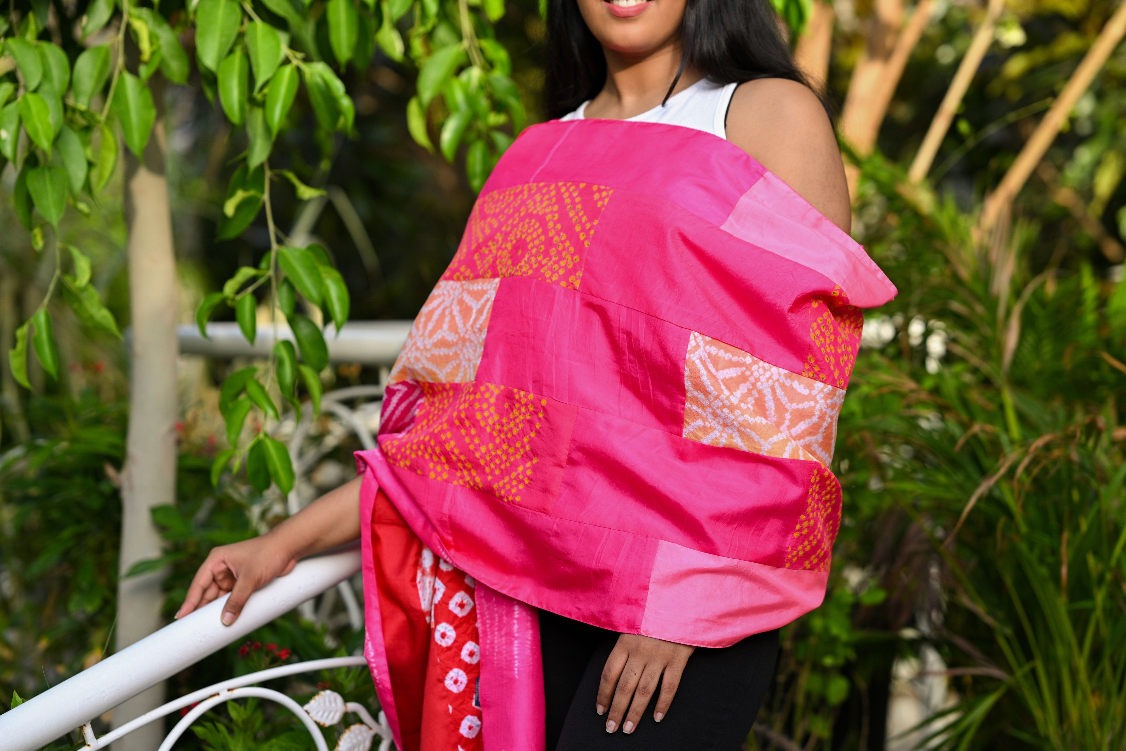 PINK BAARADOZI PATCHWORK REVERSIBLE SILK STOLE WITH TASSELS