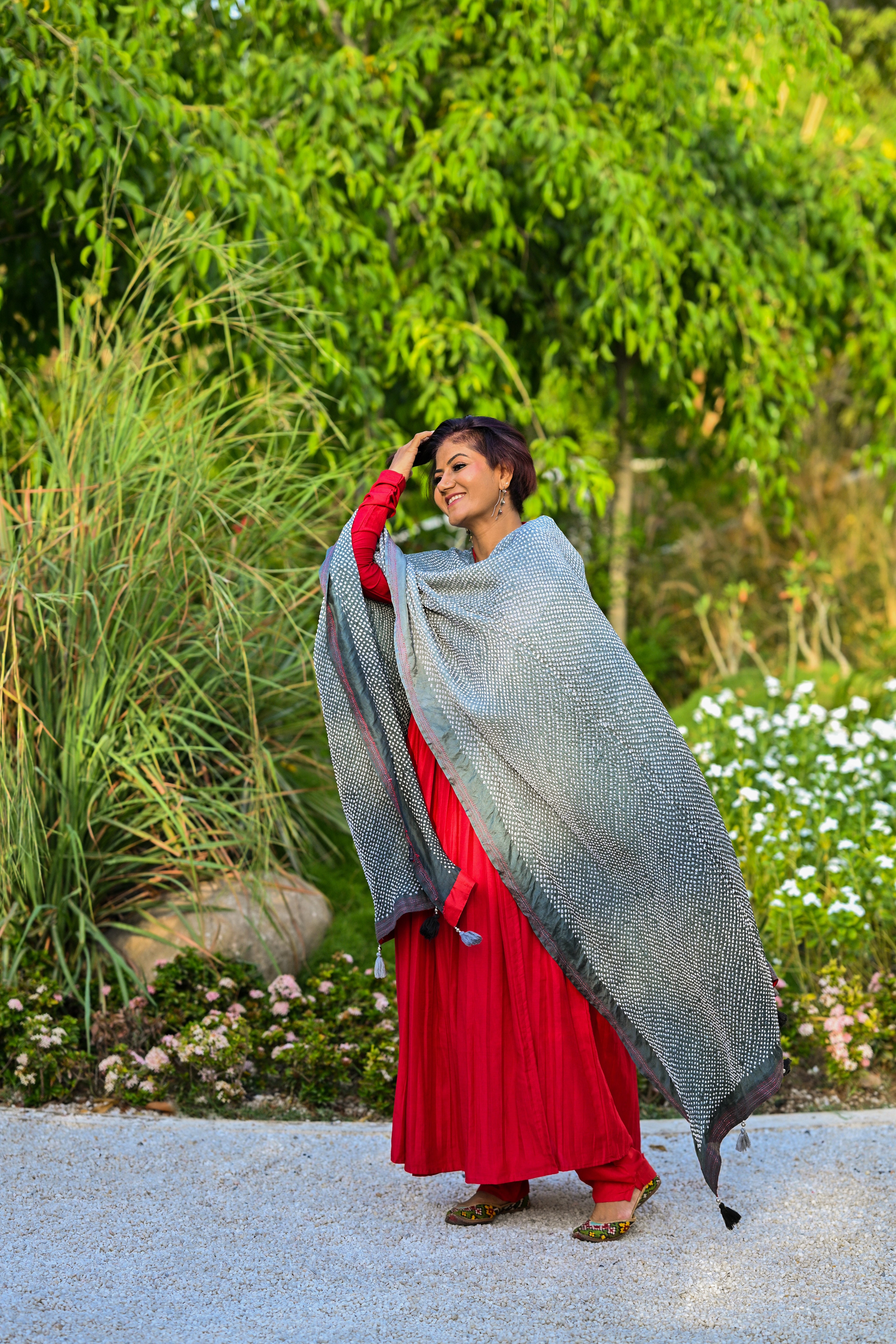 GREY ETERNAL DOTS BANDHANI SILK DUPATTA WITH BORDER AND EMBROIDERY