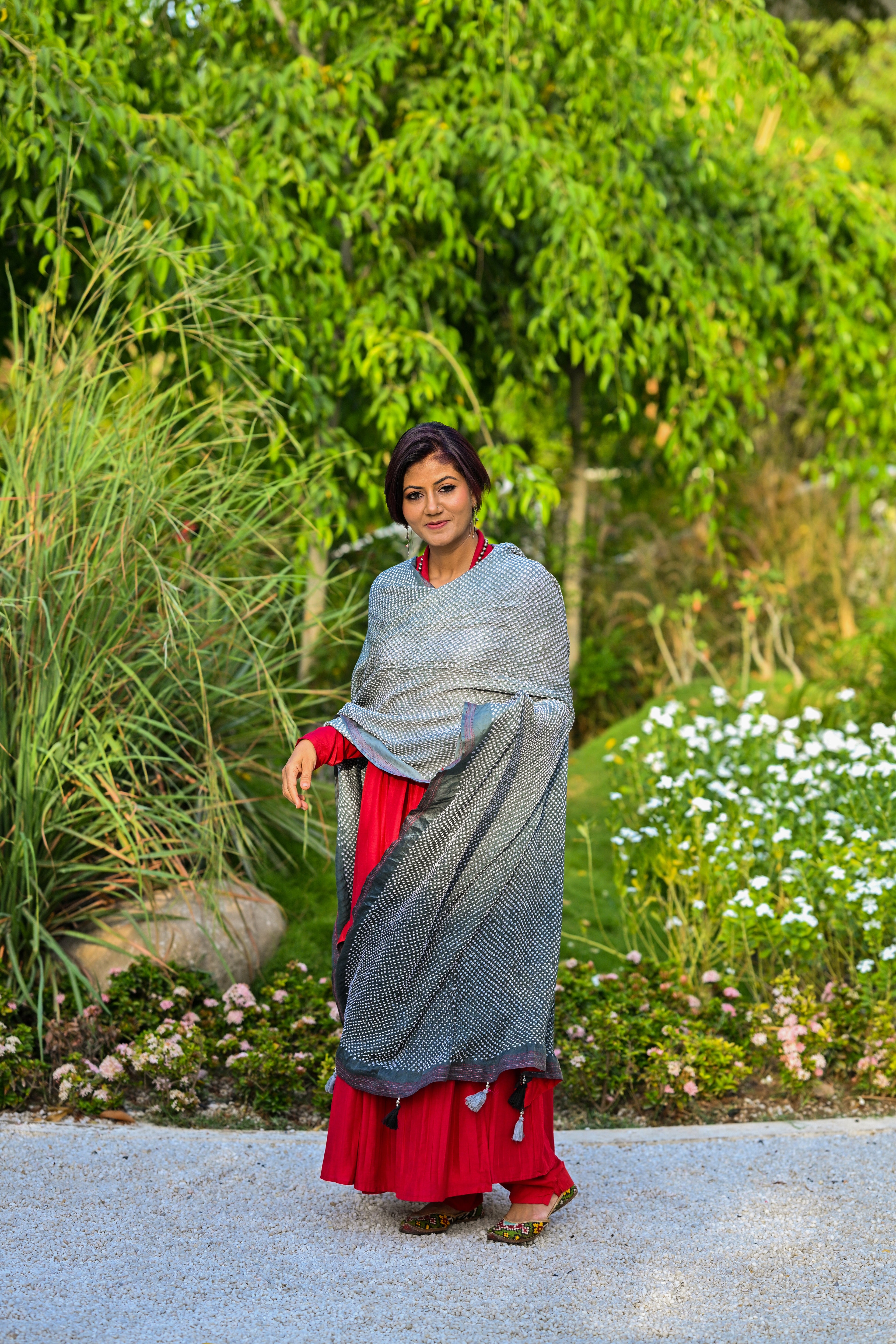GREY ETERNAL DOTS BANDHANI SILK DUPATTA WITH BORDER AND EMBROIDERY