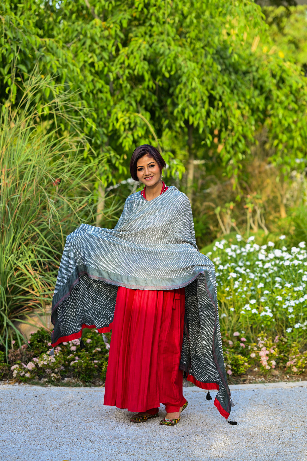 GREY ETERNAL DOTS BANDHANI SILK DUPATTA WITH BORDER AND EMBROIDERY
