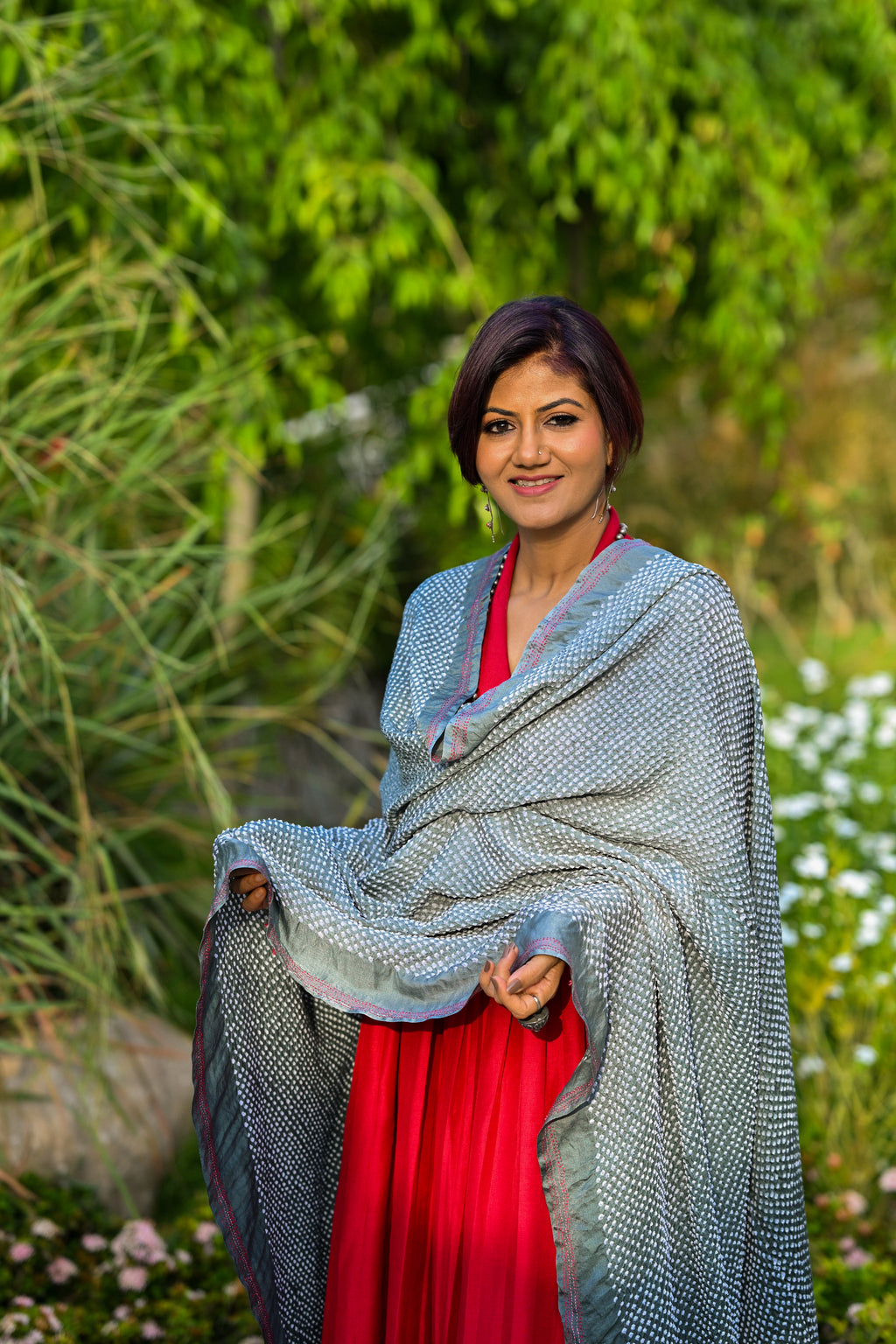 GREY ETERNAL DOTS BANDHANI SILK DUPATTA WITH BORDER AND EMBROIDERY