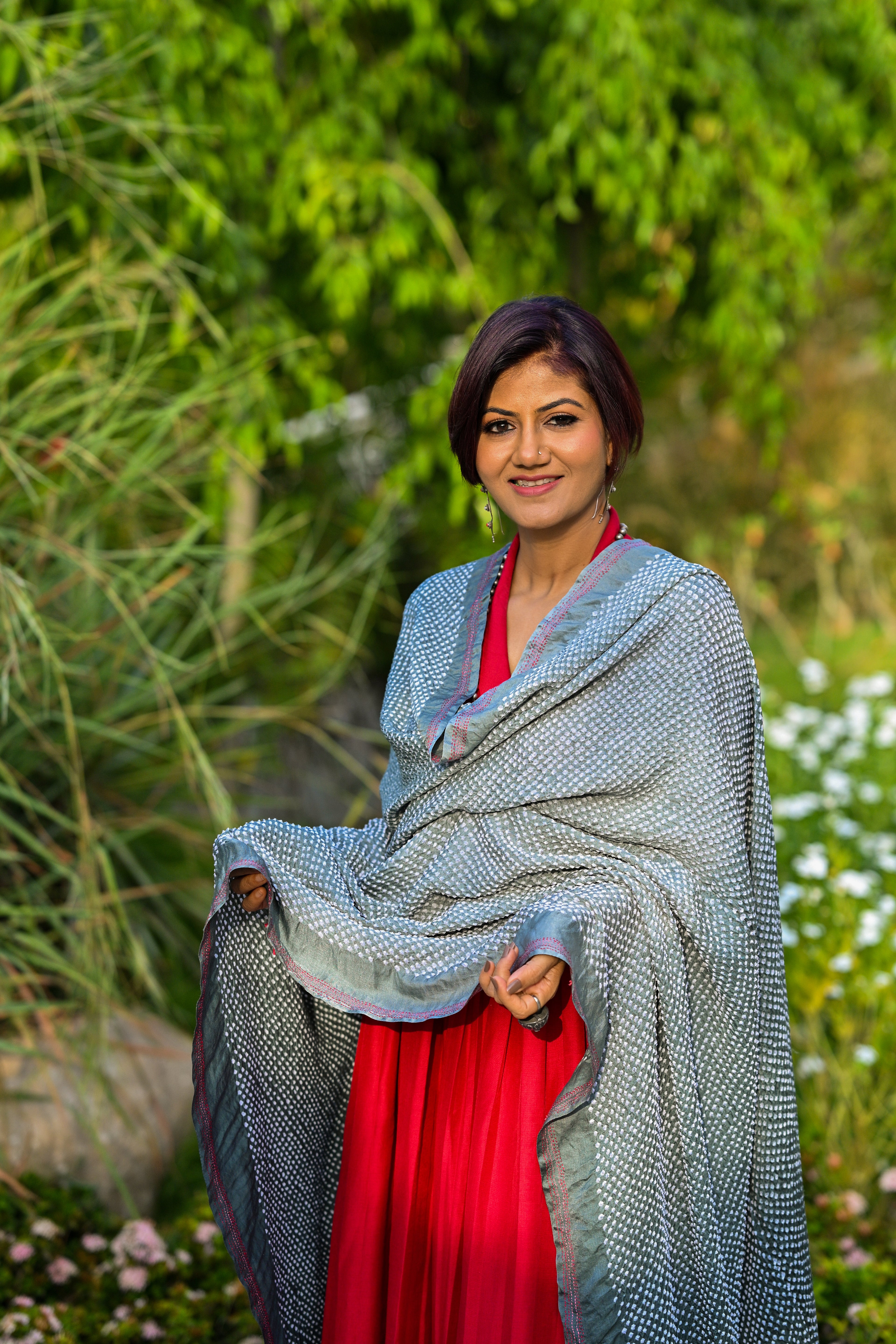 GREY ETERNAL DOTS BANDHANI SILK DUPATTA WITH BORDER AND EMBROIDERY