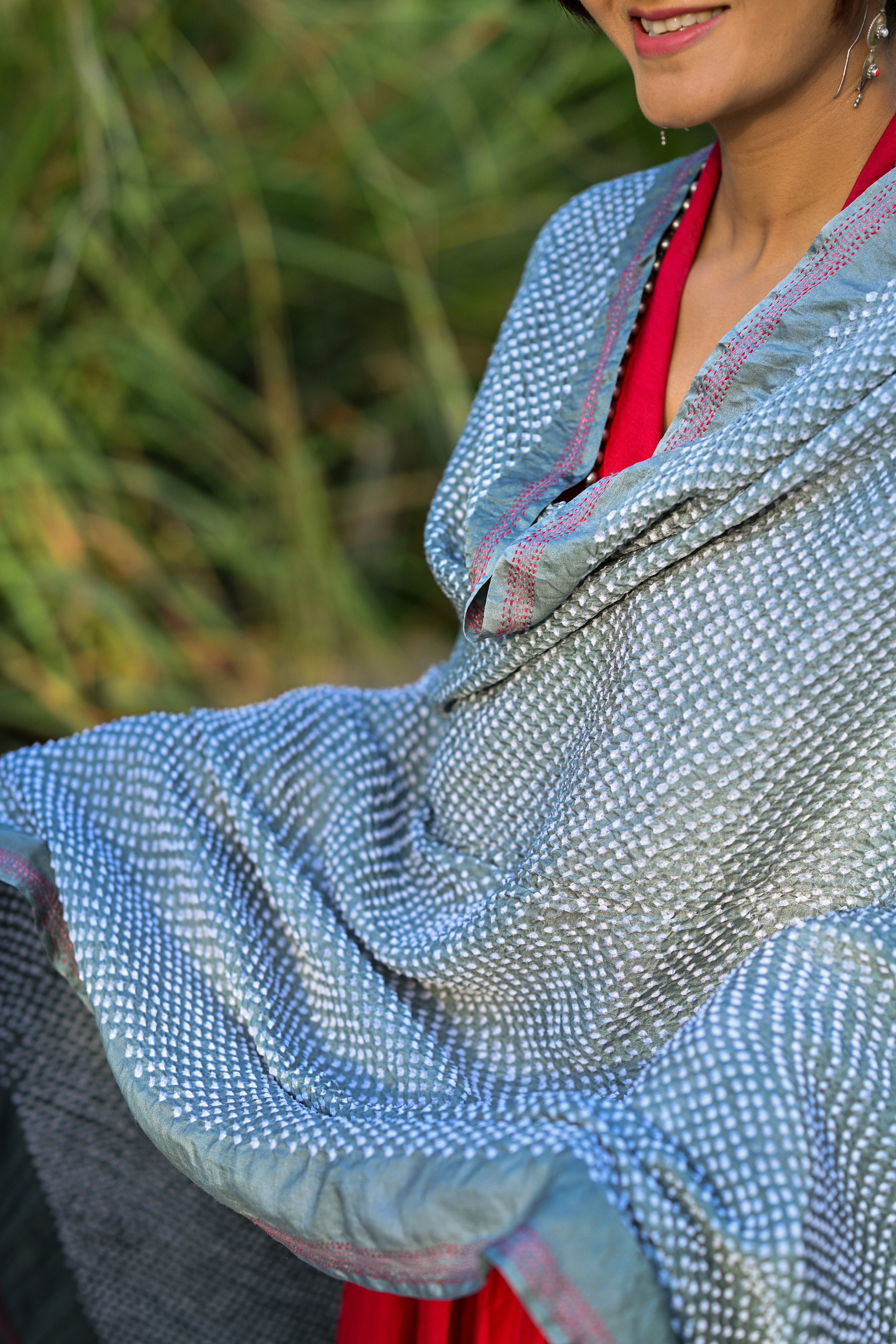 GREY ETERNAL DOTS BANDHANI SILK DUPATTA WITH BORDER AND EMBROIDERY