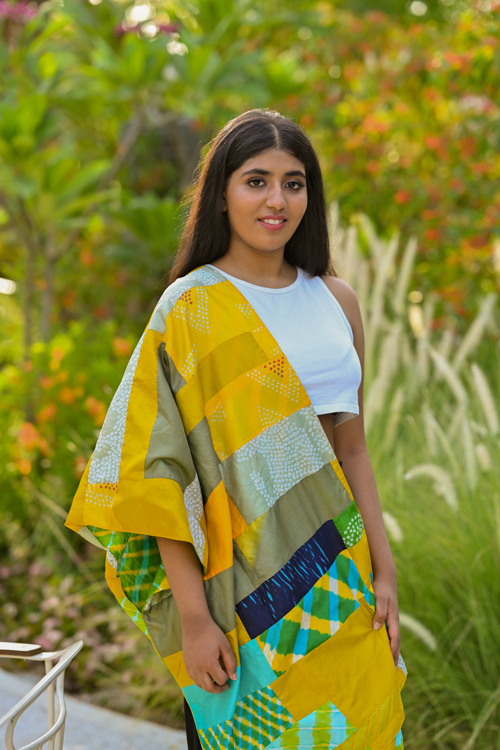 YELLOW-GREEN BAARADOZI PATCHWORK REVERSIBLE SILK STOLE WITH TASSELS