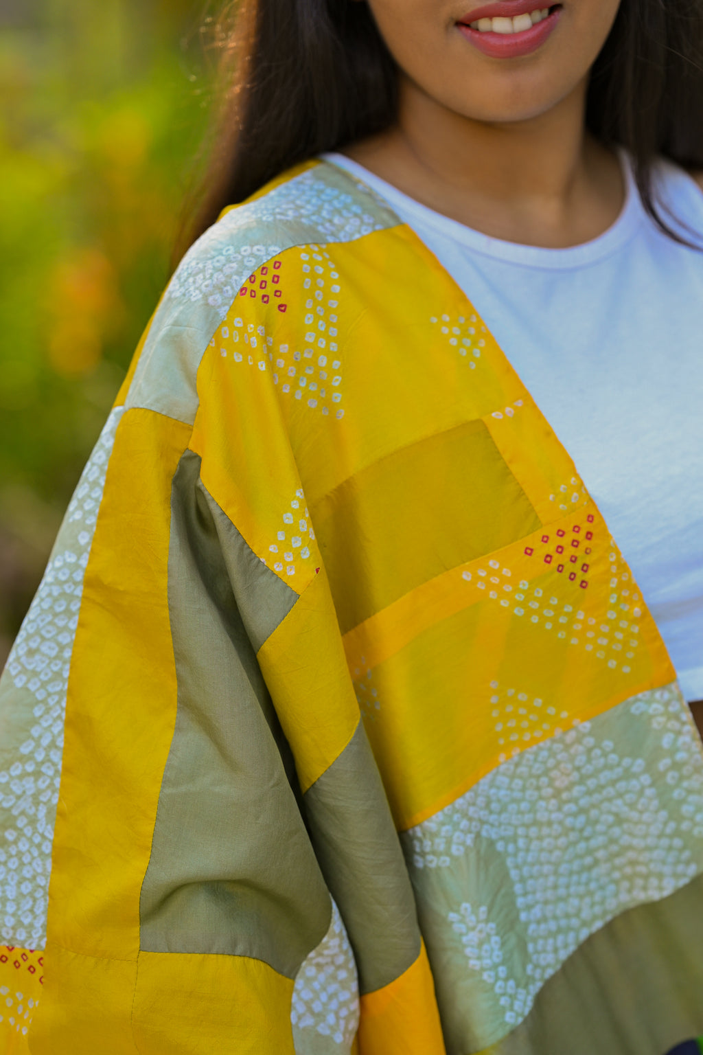 YELLOW-GREEN BAARADOZI PATCHWORK REVERSIBLE SILK STOLE WITH TASSELS