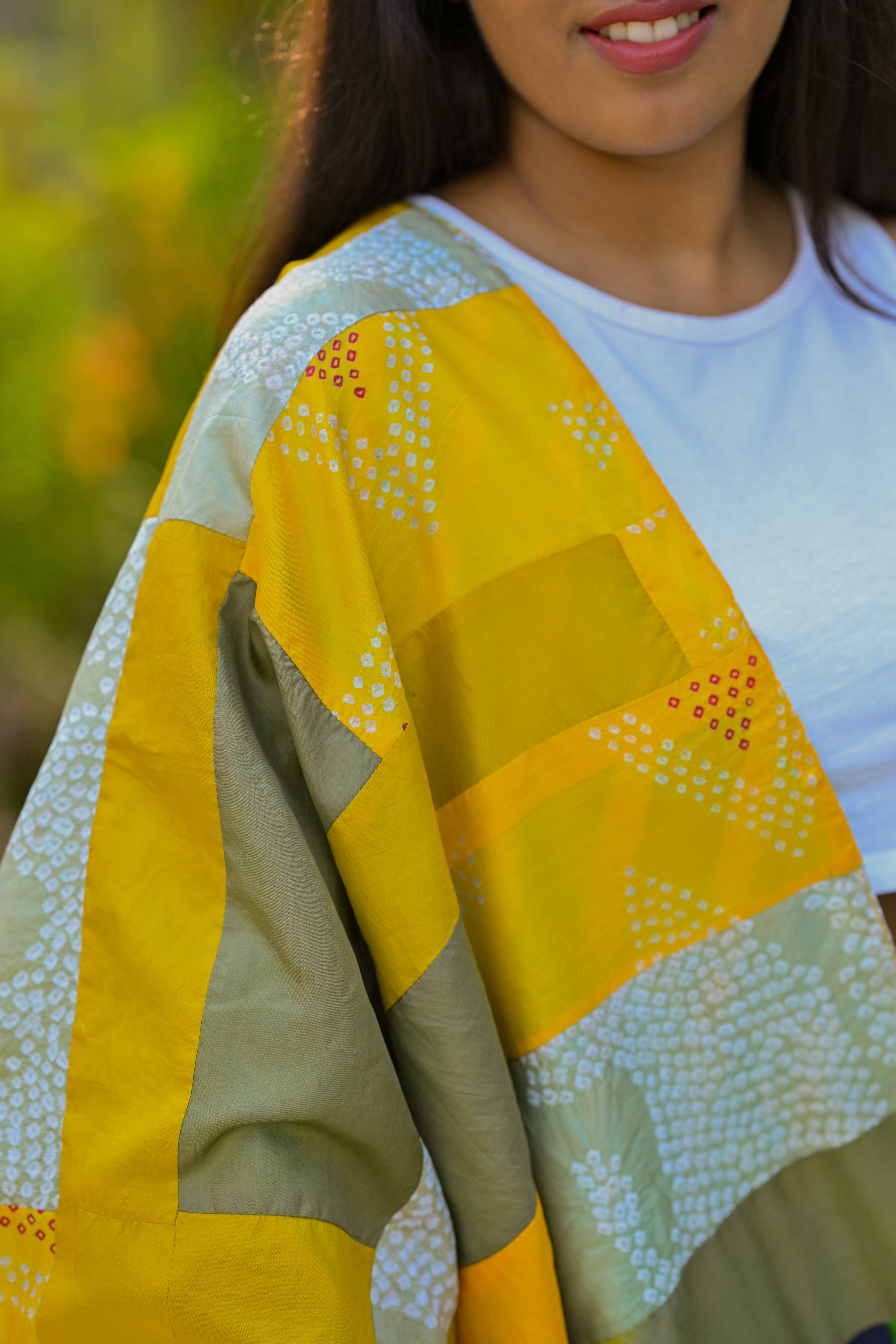 YELLOW-GREEN BAARADOZI PATCHWORK REVERSIBLE SILK STOLE WITH TASSELS