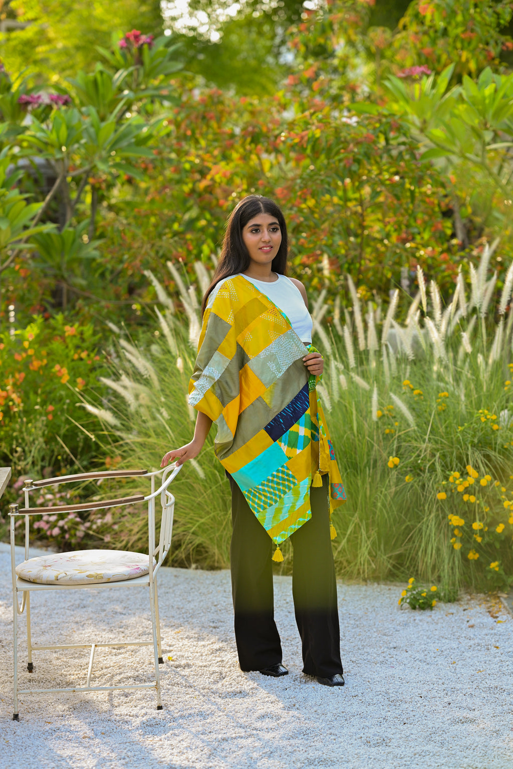YELLOW-GREEN BAARADOZI PATCHWORK REVERSIBLE SILK STOLE WITH TASSELS