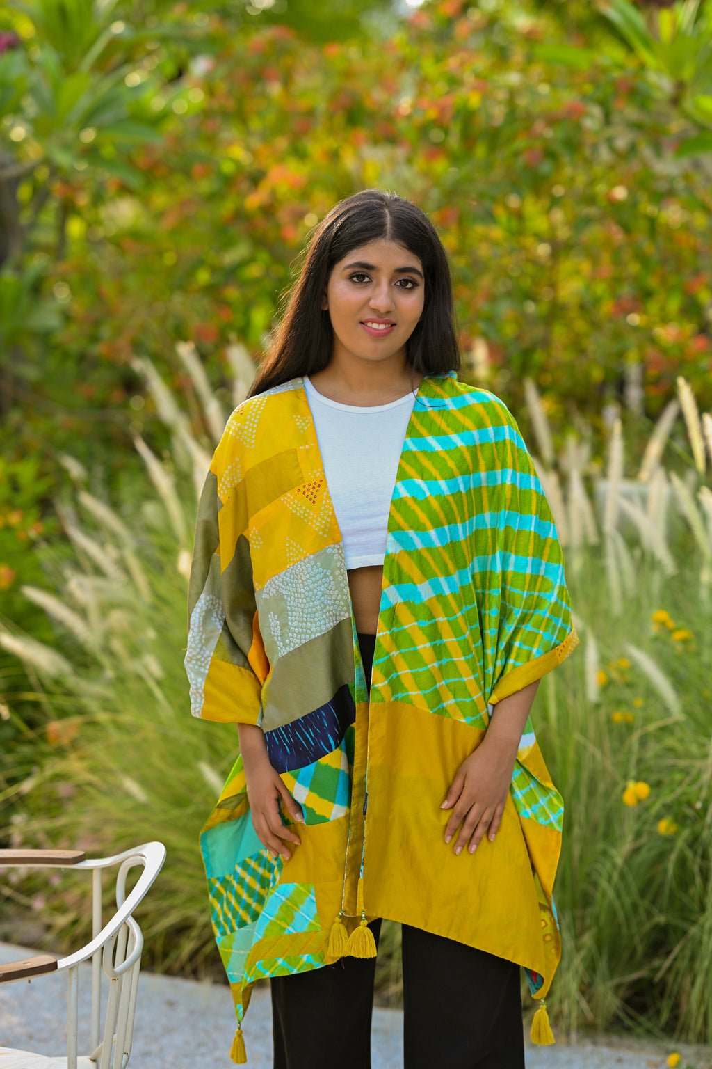 YELLOW-GREEN BAARADOZI PATCHWORK REVERSIBLE SILK STOLE WITH TASSELS